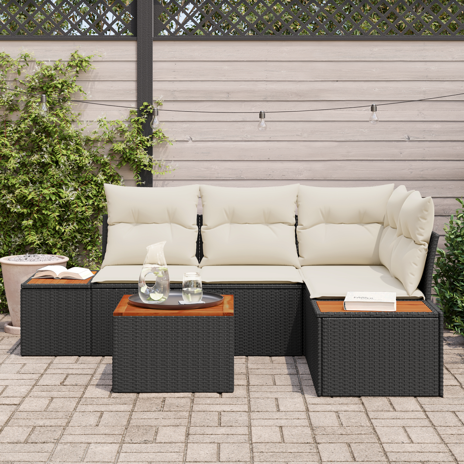 vidaXL 5-delige tuinsofa set met kussens - Zwart Poly Rattan en Acacia