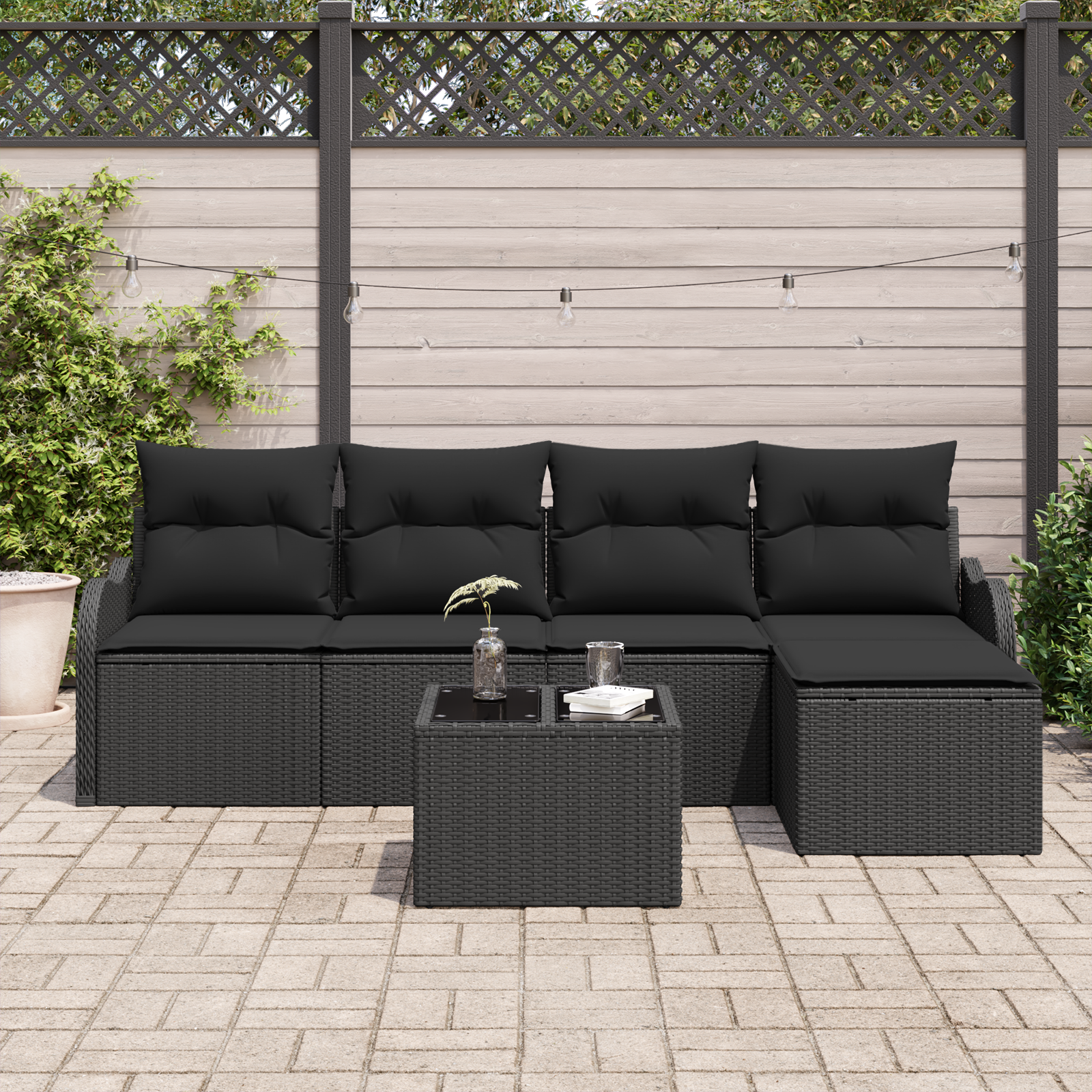 vidaXL 6-delige tuinbankset met kussens in beige poly rattan