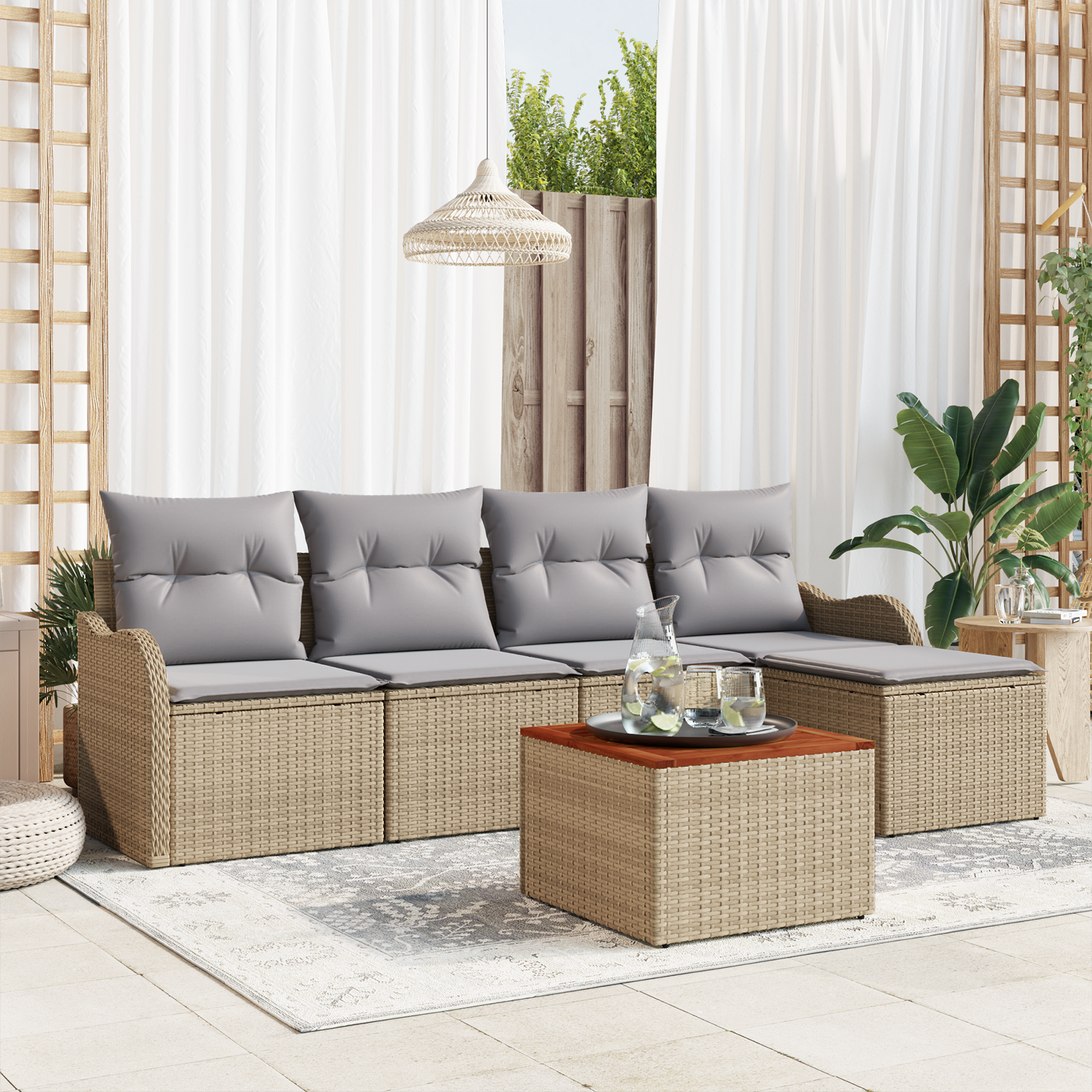vidaXL 6-delige tuinset met kussens in beige van poly rattan en acacia