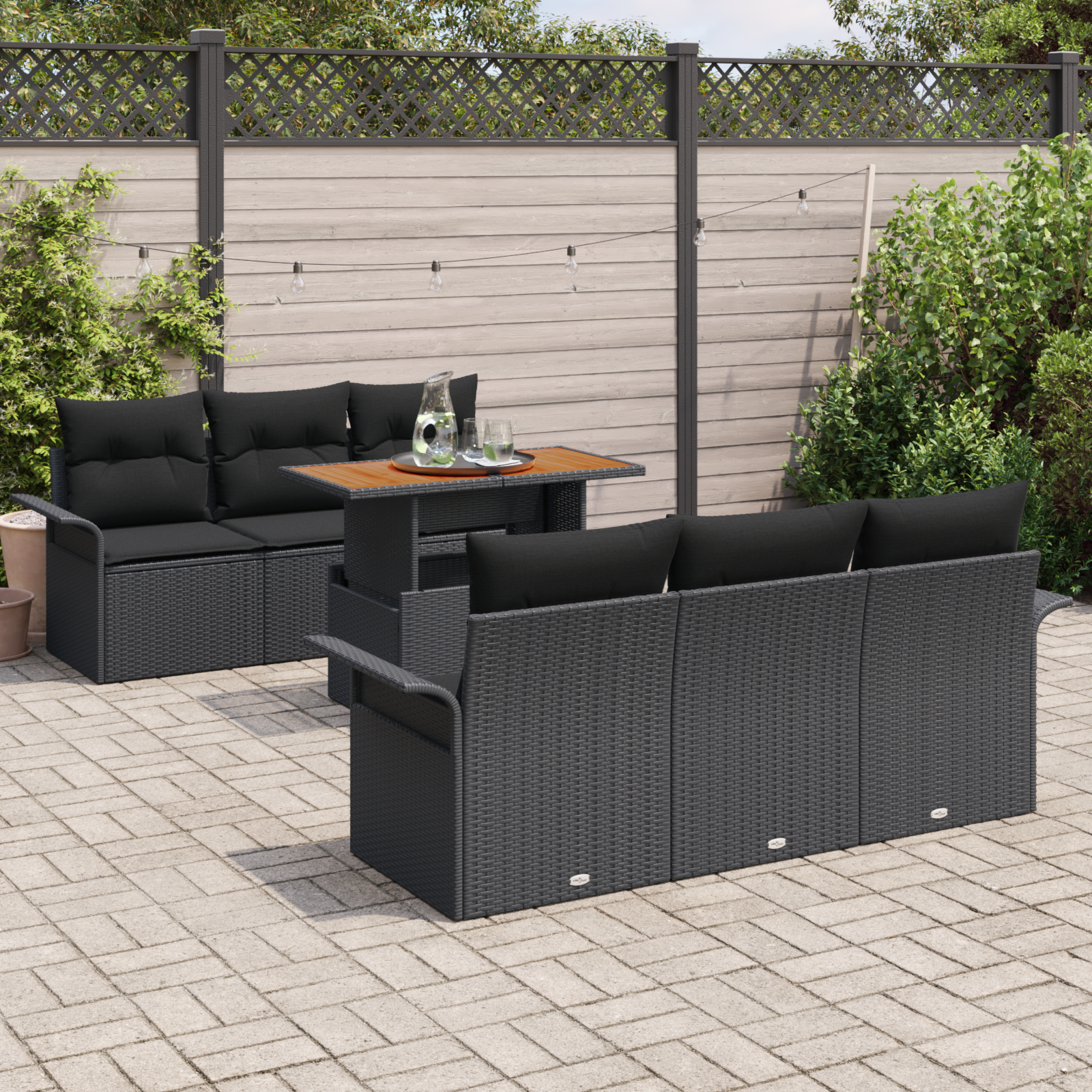 vidaXL 7-delige tuinset met kussens in zwart poly rattan en acacia