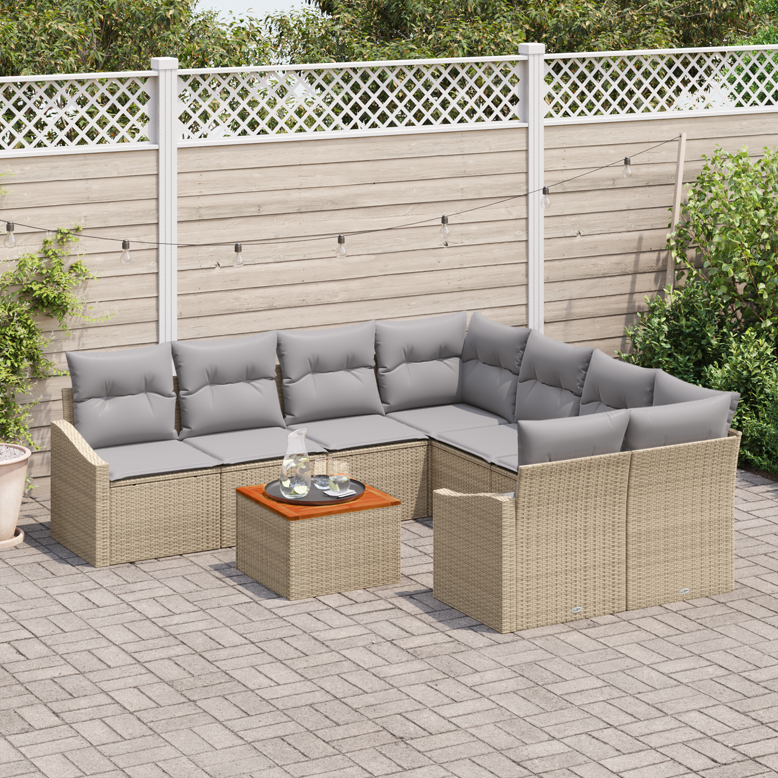 vidaXL 9-delige Tuinbankenset met kussens poly rattan acaciahout beige