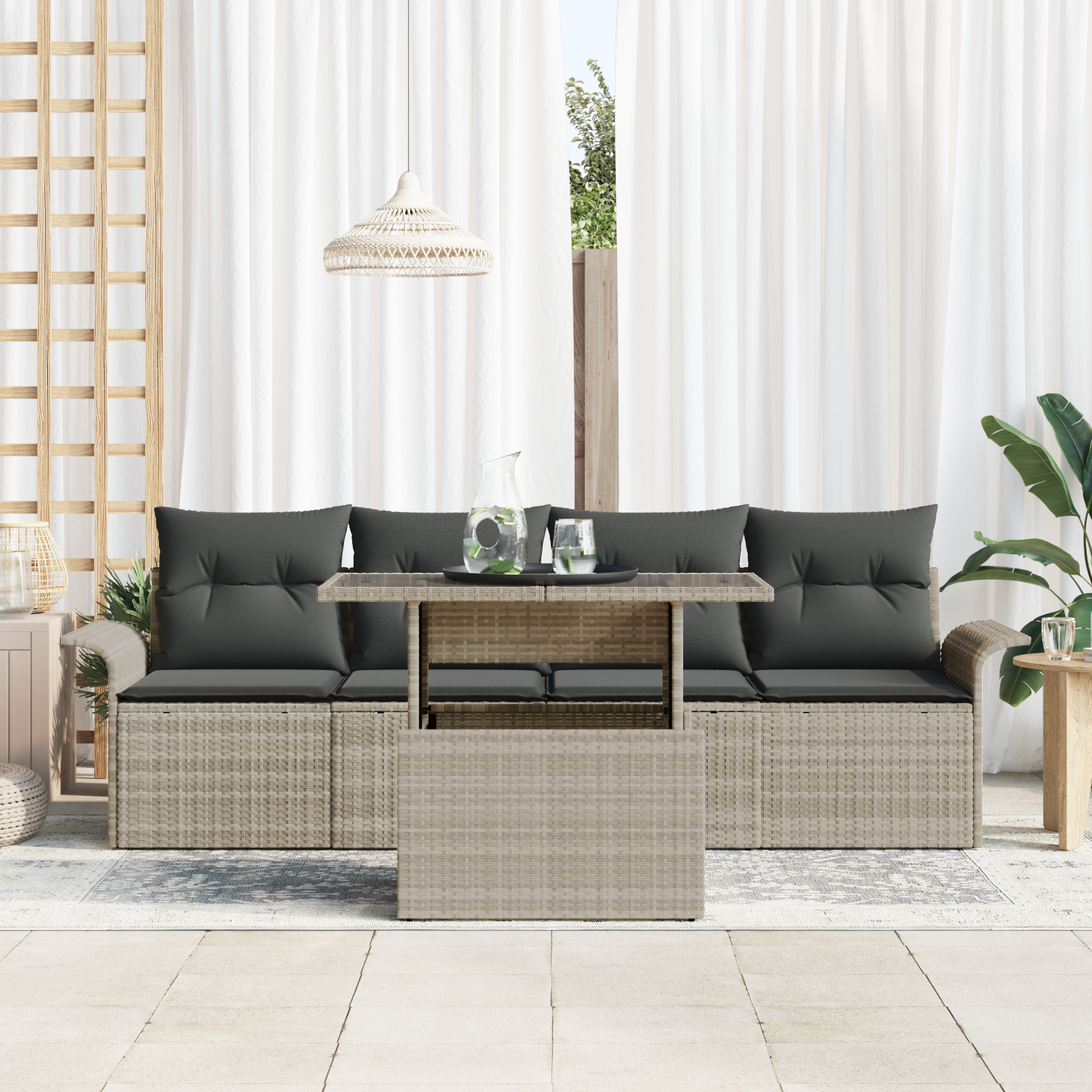 vidaXL 5-delige Tuin Sofa Set met Kussens Lichtgrijs Poly Riet
