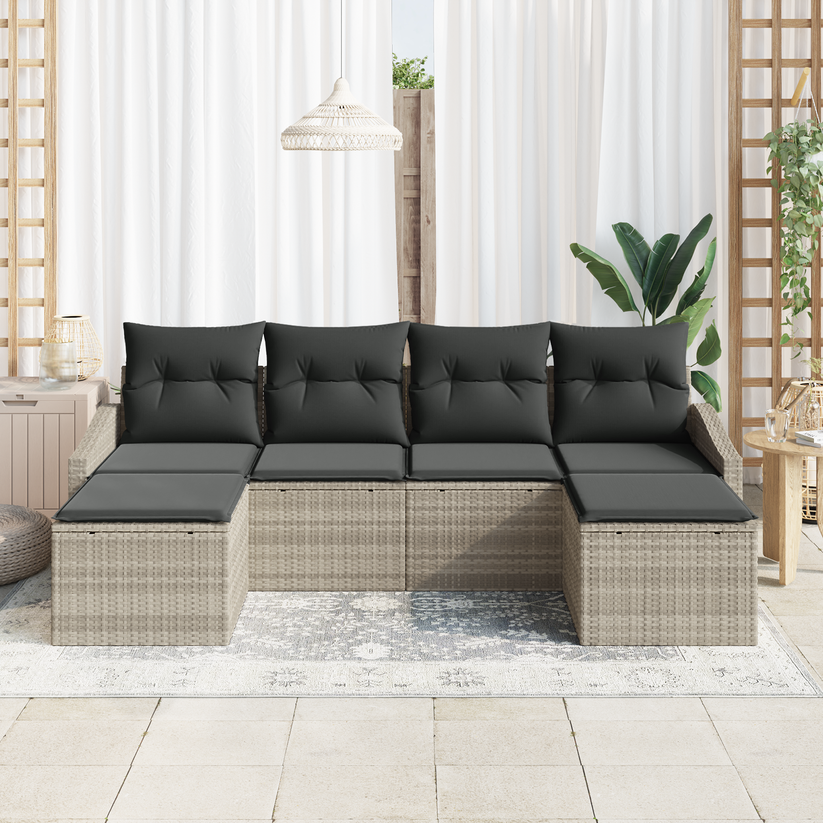 vidaXL 6-delige Tuinbankenset met kussens poly rattan lichtgrijs