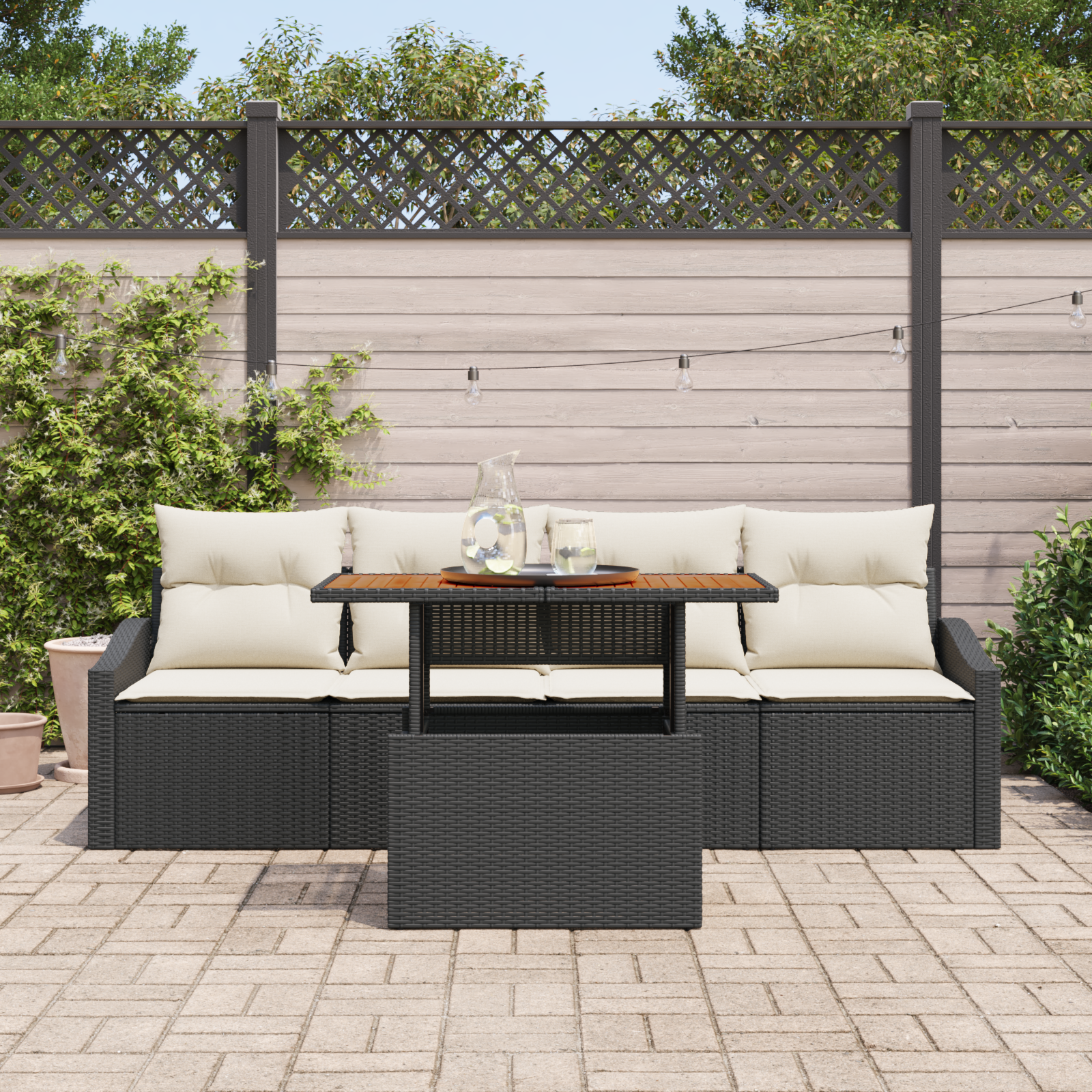 vidaXL 5-delige Tuinbankenset met kussens poly rattan zwart