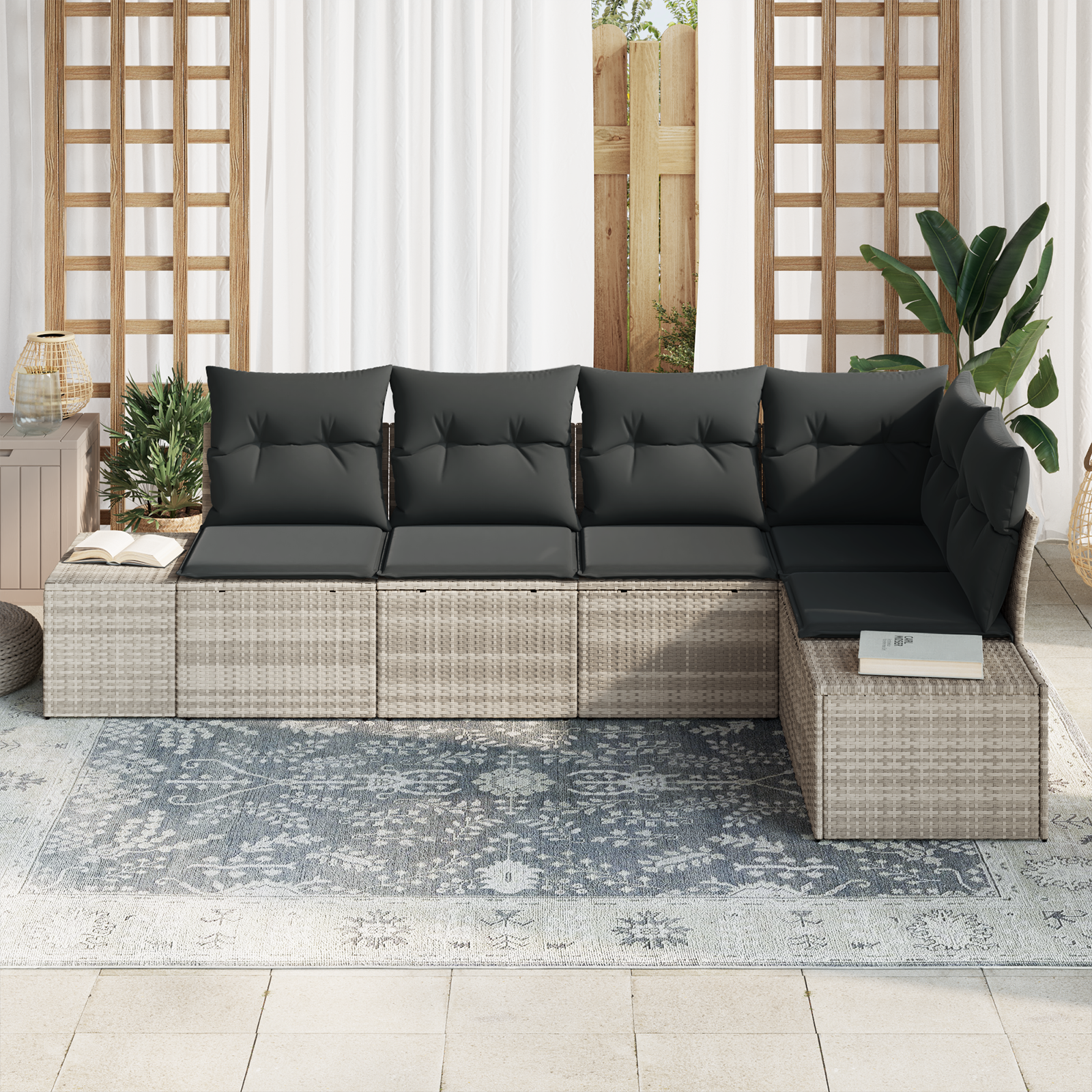 vidaXL 5-delige Tuinbankenset met kussens poly rattan lichtgrijs