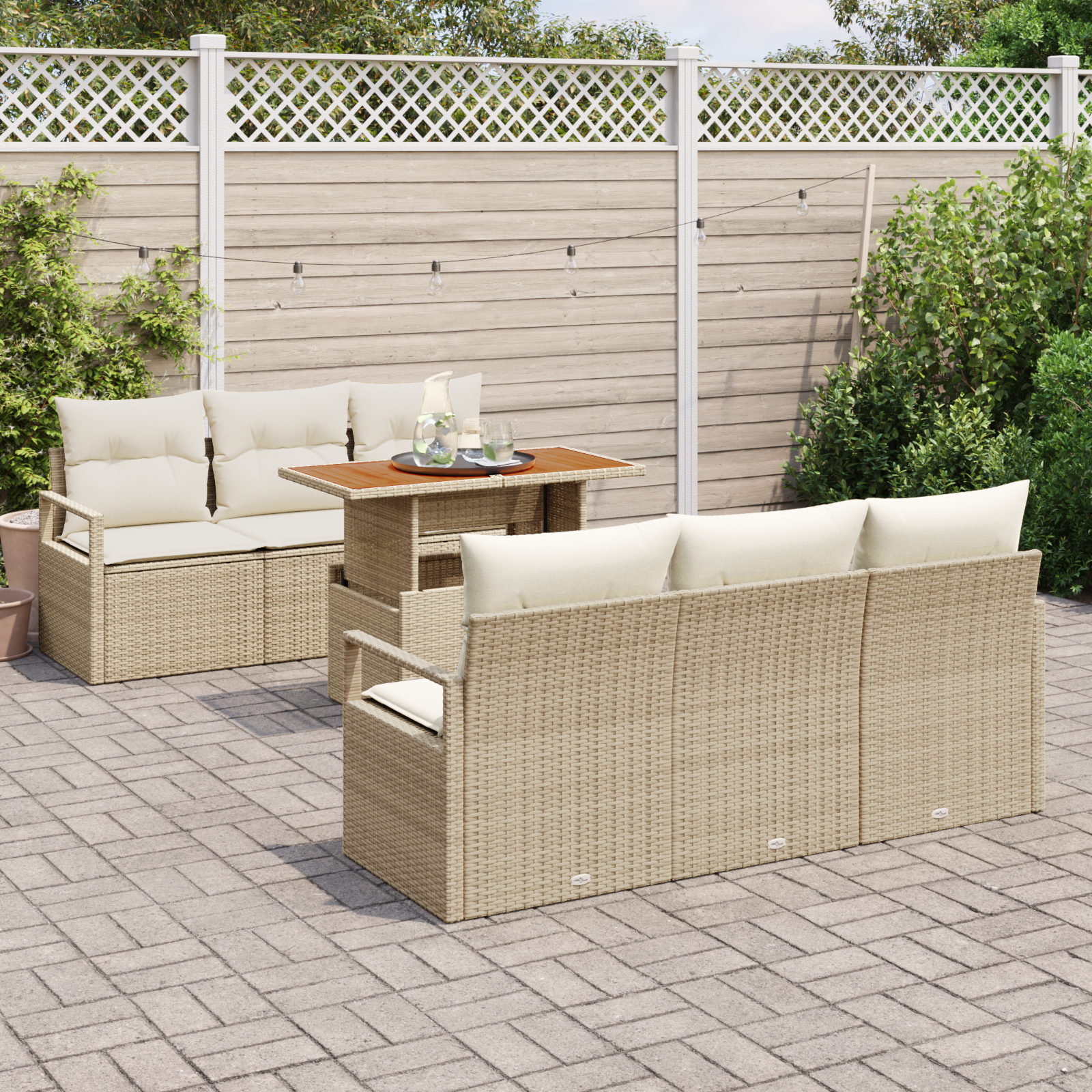 vidaXL 7-delige Tuinbankenset met kussens poly rattan acacia beige