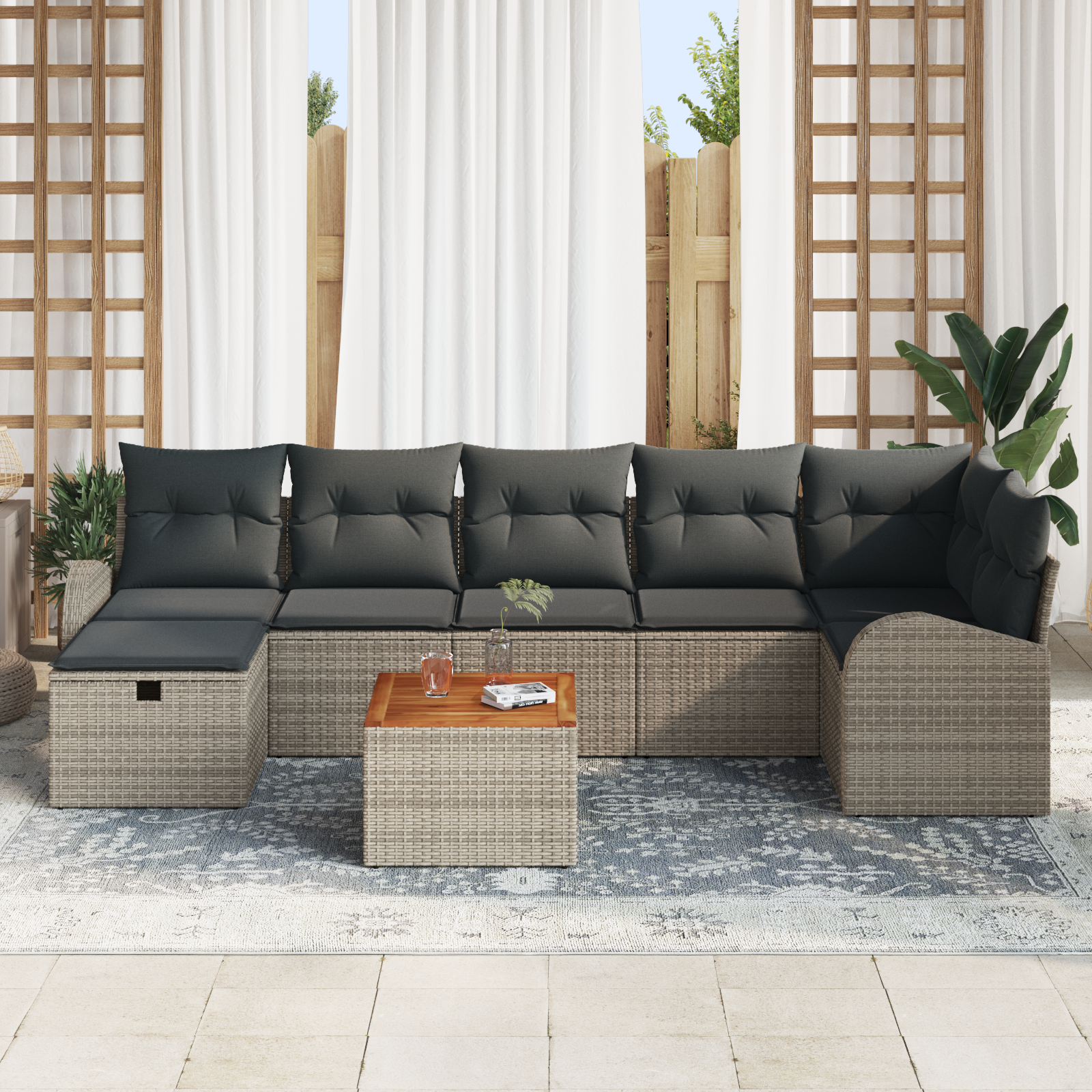 vidaXL 8-delige tuinbankset met kussens Grijs Poly Rattan