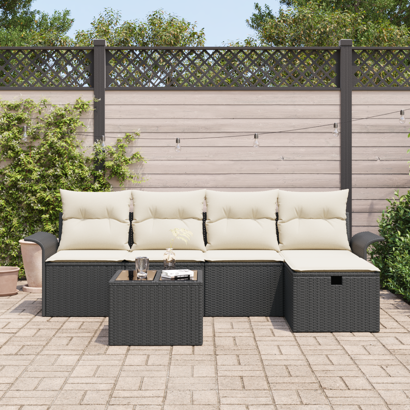 vidaXL 6-delige Tuinbankenset met kussens poly rattan zwart