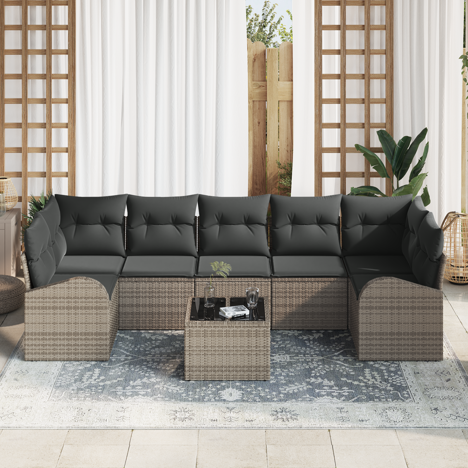 vidaXL 8-delige Tuinbankenset met kussens poly rattan grijs