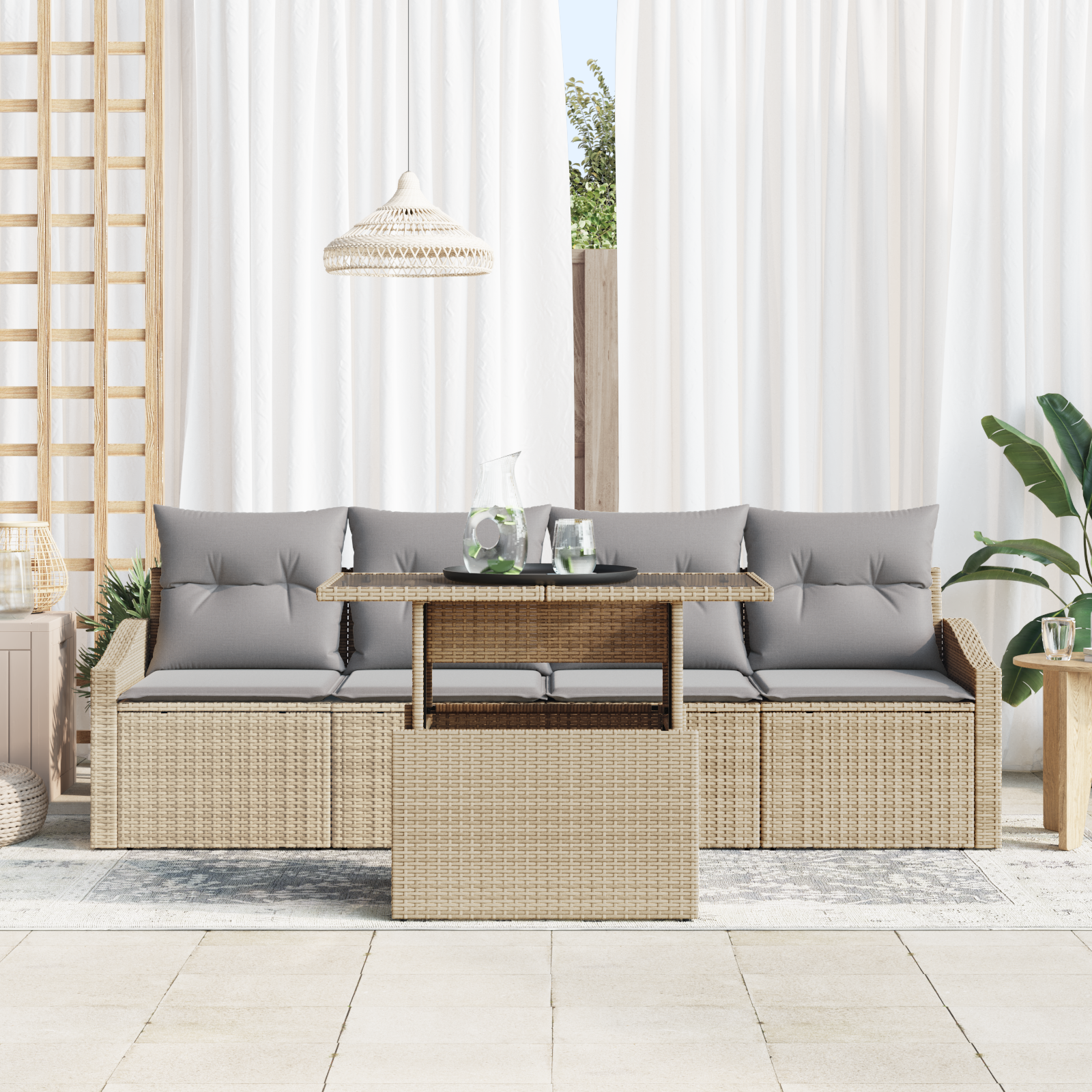 vidaXL 5-delige Tuinbankenset met kussens poly rattan beige