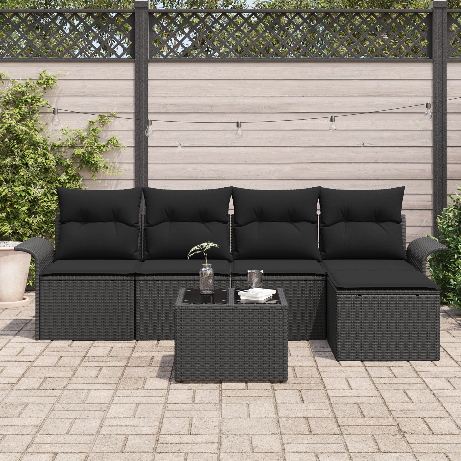 vidaXL 6-delige tuinbankset met kussens zwart poly riet