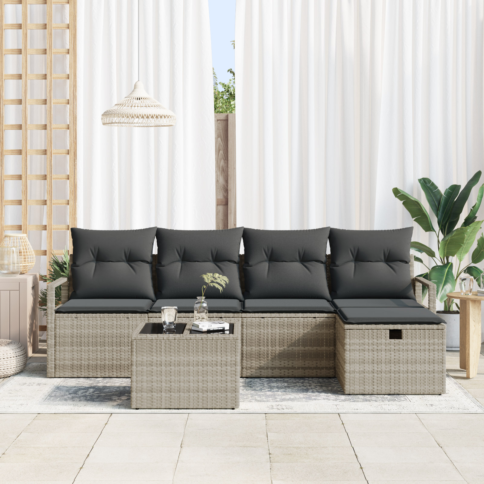 vidaXL 6-delige tuinset met kussens in lichtgrijs poly rattan