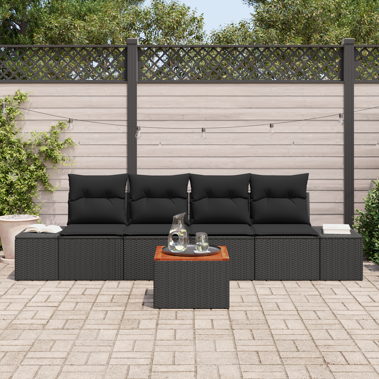 vidaXL 5-delige tuinsofa set met kussens - zwart poly rattan en acacia