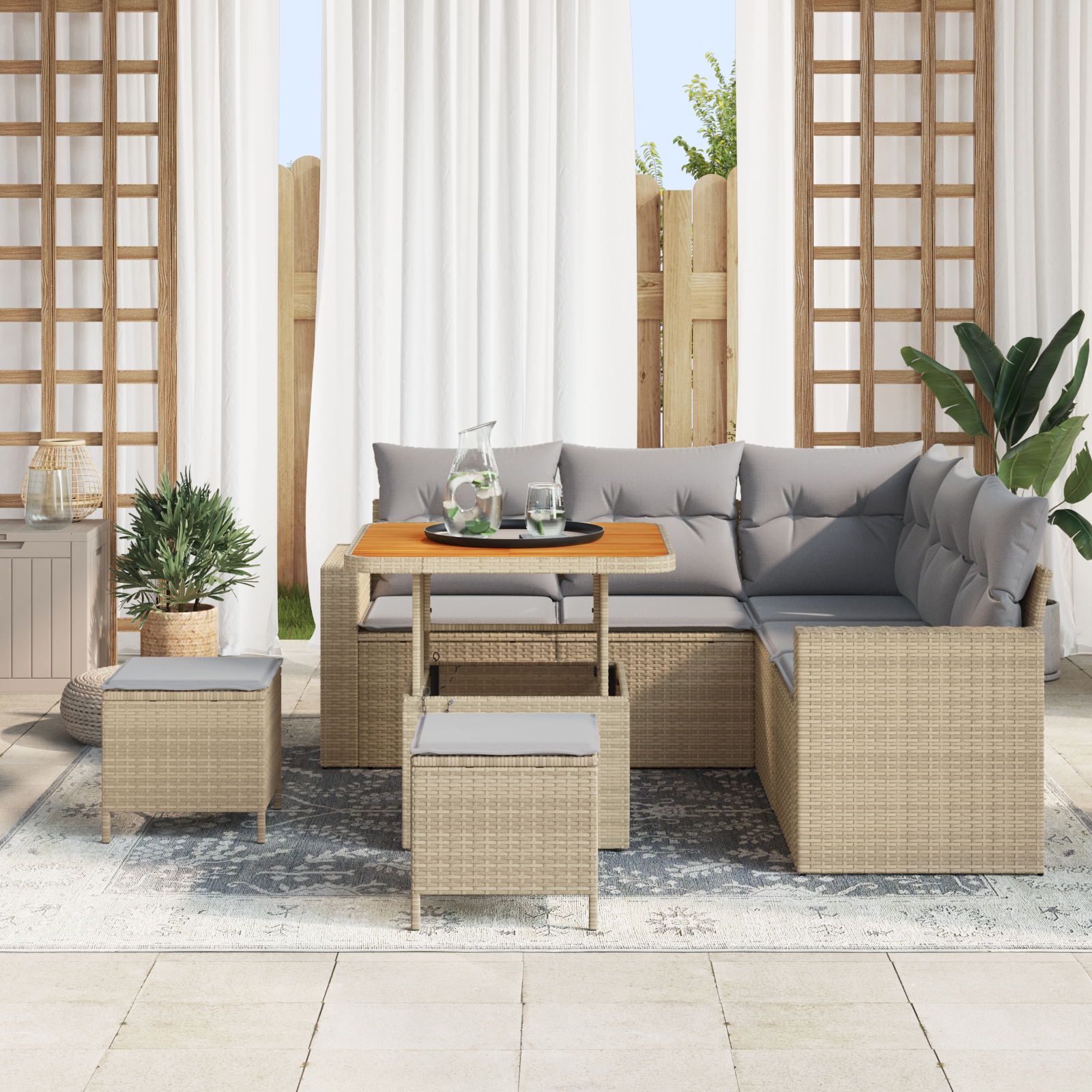 vidaXL 8-delige tuinset met kussens in beige poly rattan en acacia