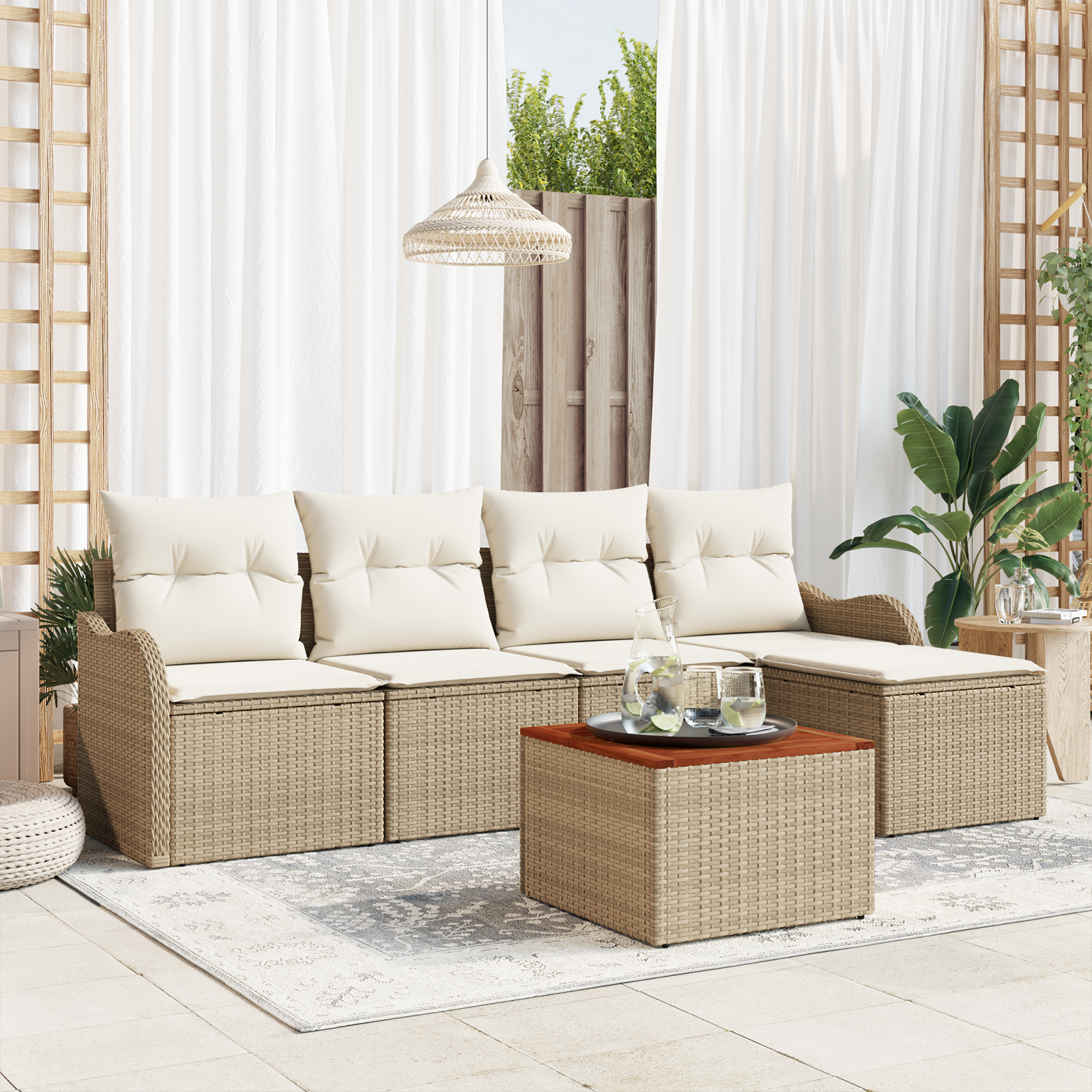 vidaXL 6-delige tuinsofa set met kussens in beige van poly rattan en acacia