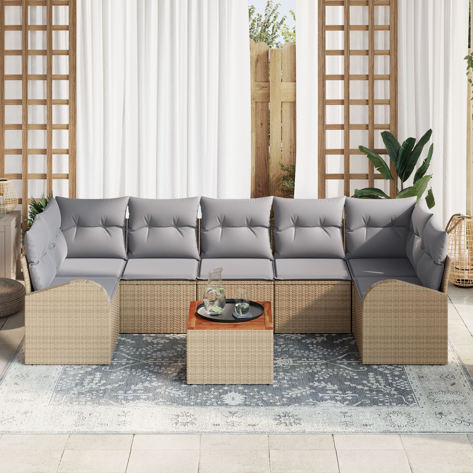 vidaXL 8-delige Tuinbankenset met kussens poly rattan acacia beige