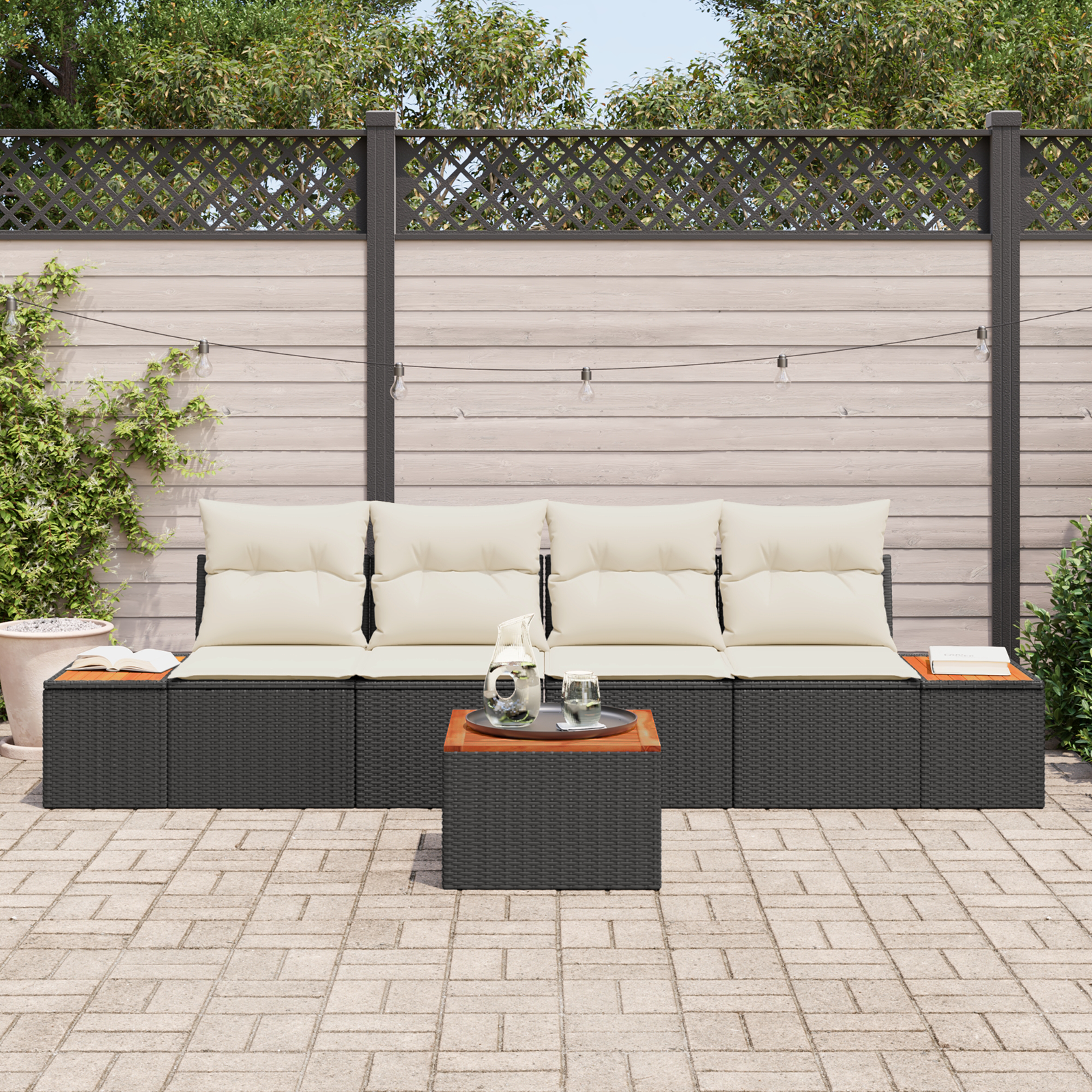 vidaXL 5-delige tuinsofa set met kussens - zwart poly rattan en acaciahout