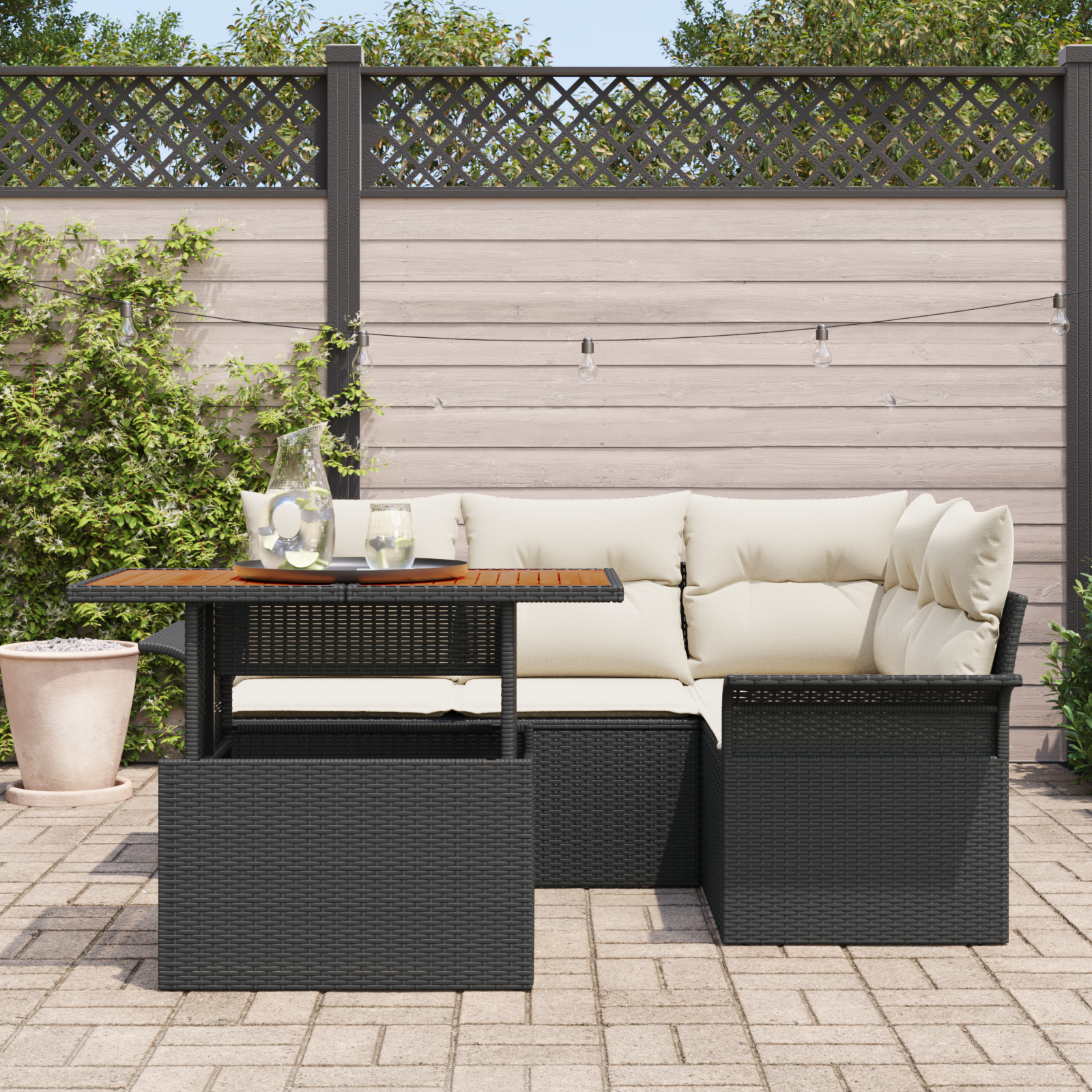 vidaXL 5-delige Tuinset met kussens poly rattan acaciahout zwart