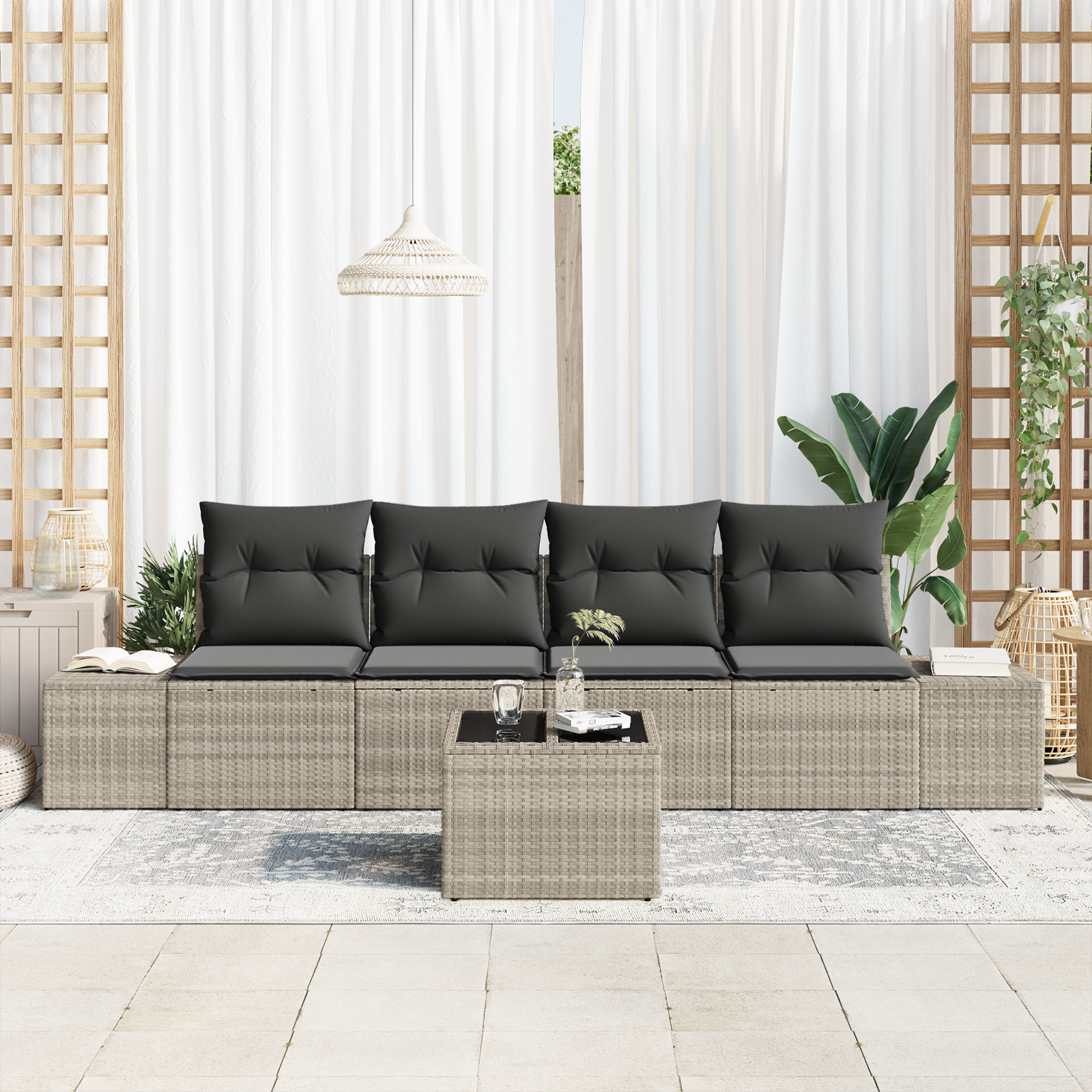 vidaXL 5-delige Tuinbankenset met kussens poly rattan lichtgrijs
