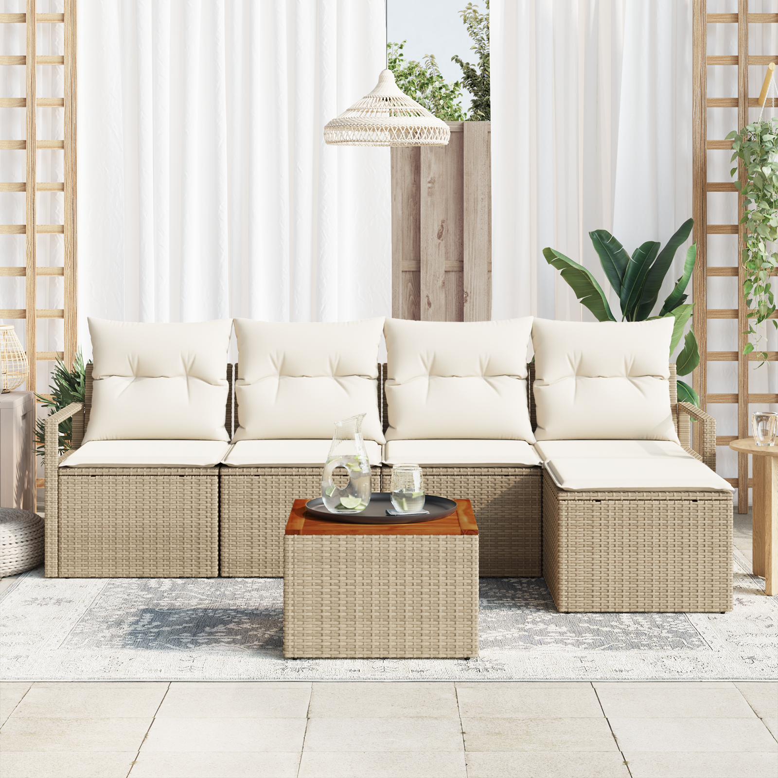 vidaXL 6-delige tuinset met kussens in beige poly rattan en acacia