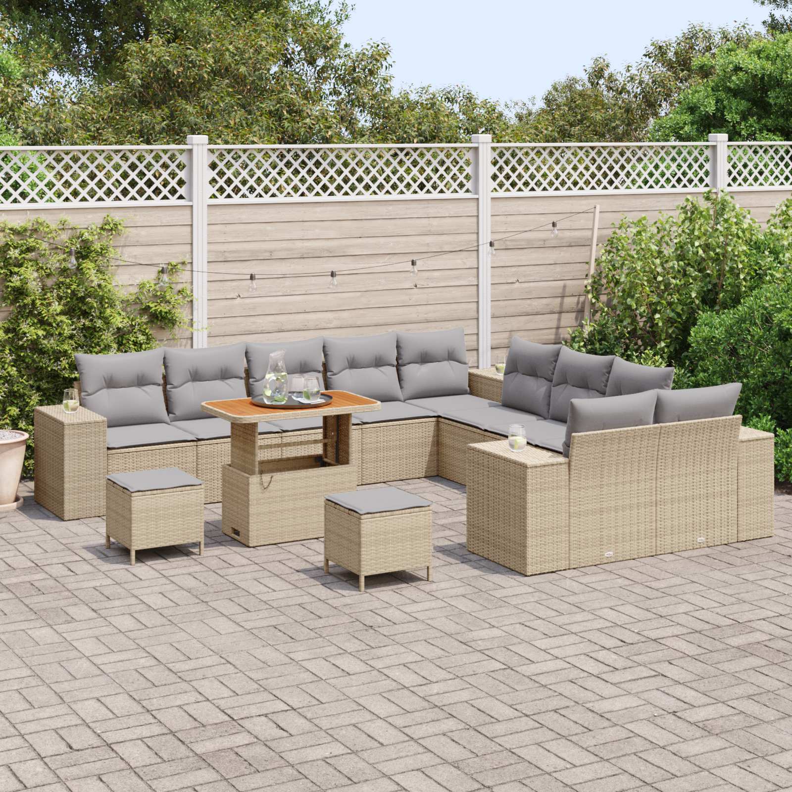 vidaXL 13-delige tuinbankset met kussens in beige poly rattan en acacia