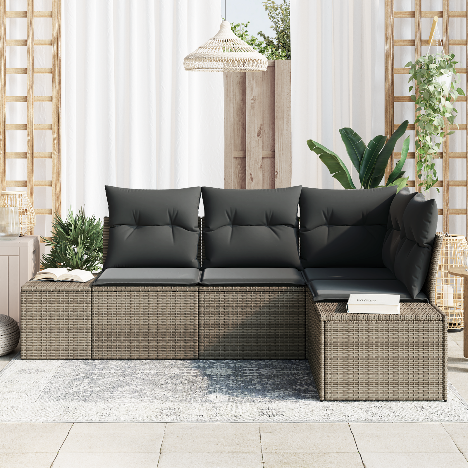 vidaXL 4-delige Tuinbankenset met kussens poly rattan grijs