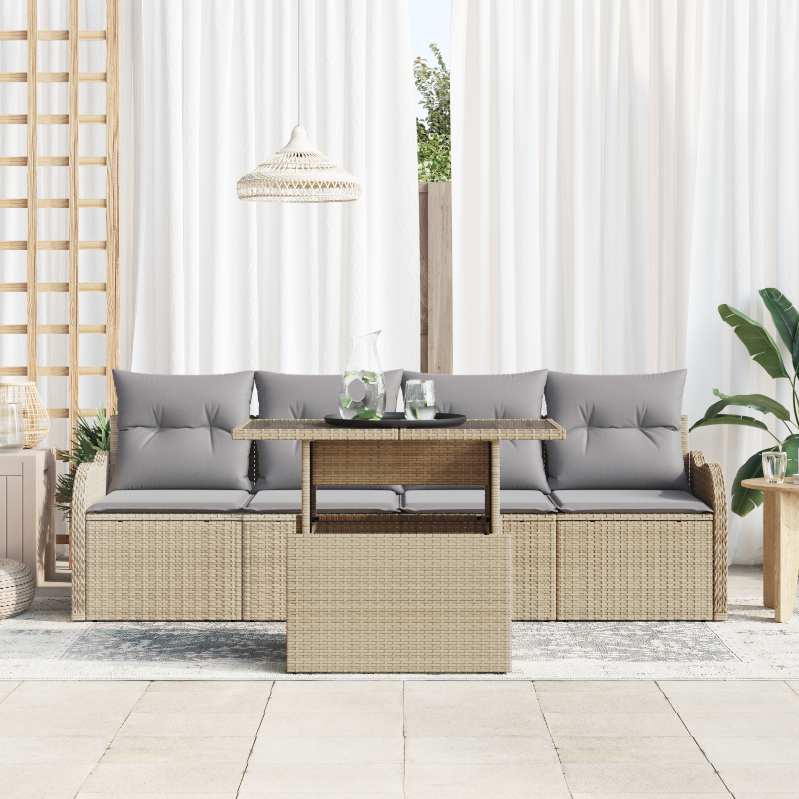 vidaXL 5-delige Tuinbankenset met kussens poly rattan beige