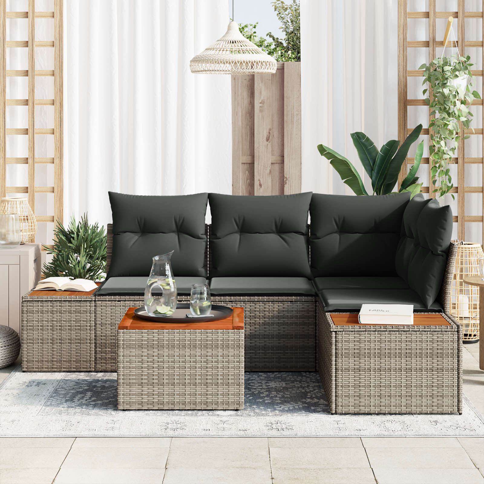 vidaXL 5-delige tuinset met kussens in grijs poly rattan en acacia