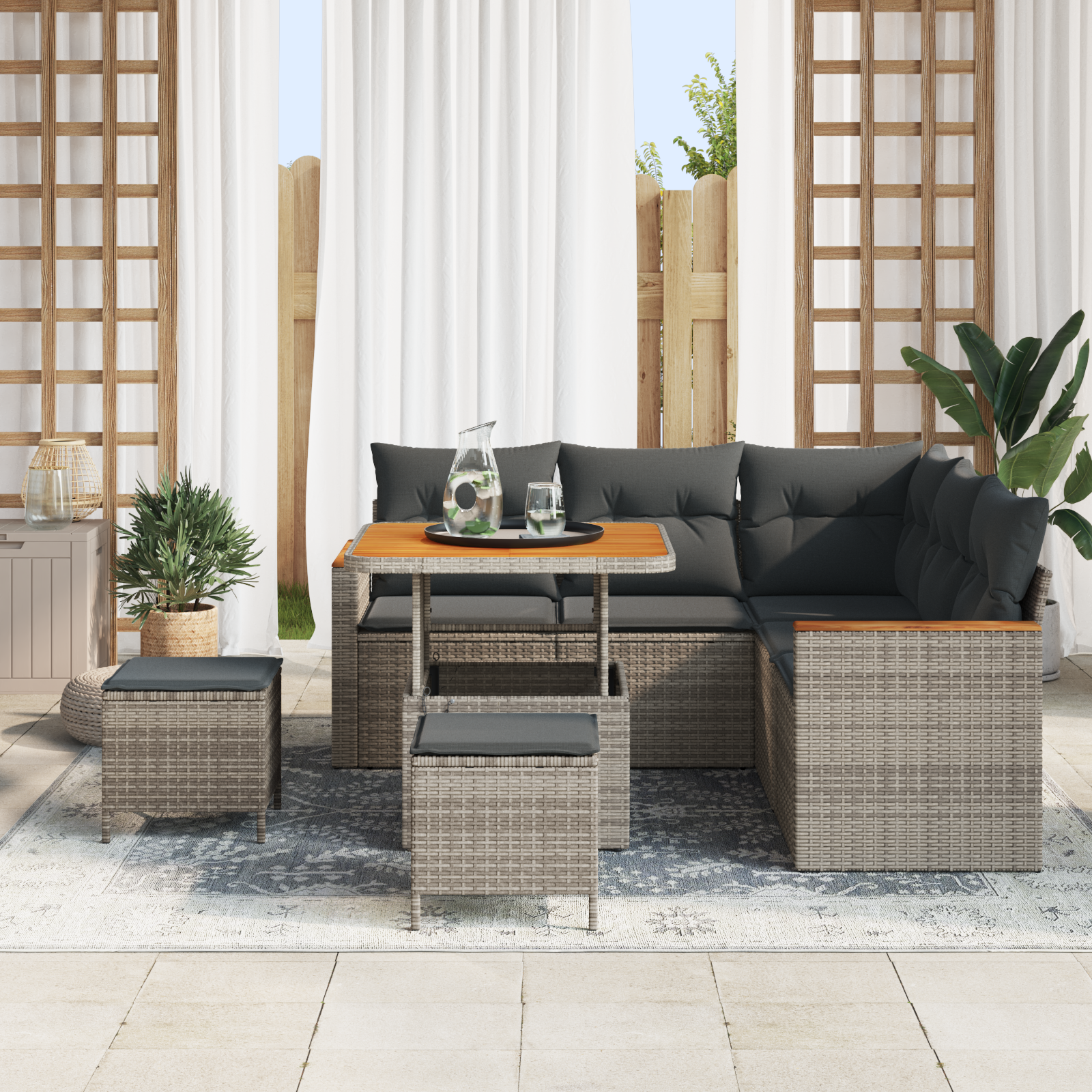 vidaXL 8-delige Tuinbankenset met kussens poly rattan acacia grijs