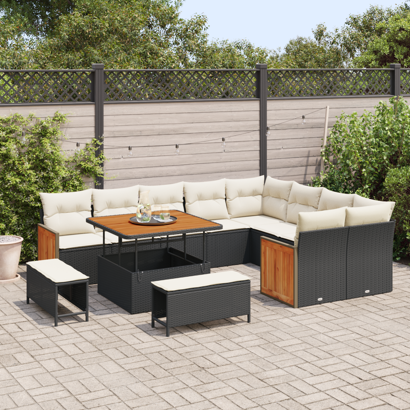 vidaXL 12-delige Tuinbankenset met kussens poly rattan acacia zwart