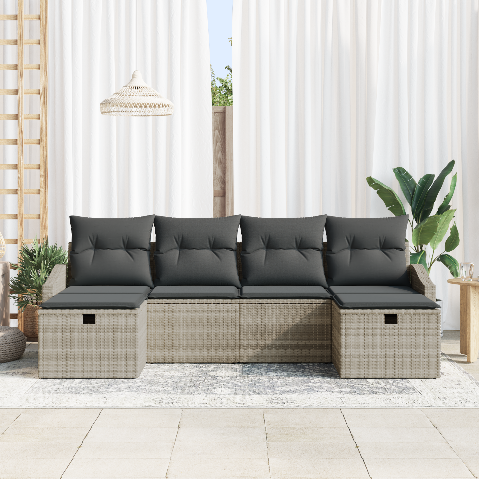 vidaXL 6-delige Tuinbankenset met kussens poly rattan lichtgrijs