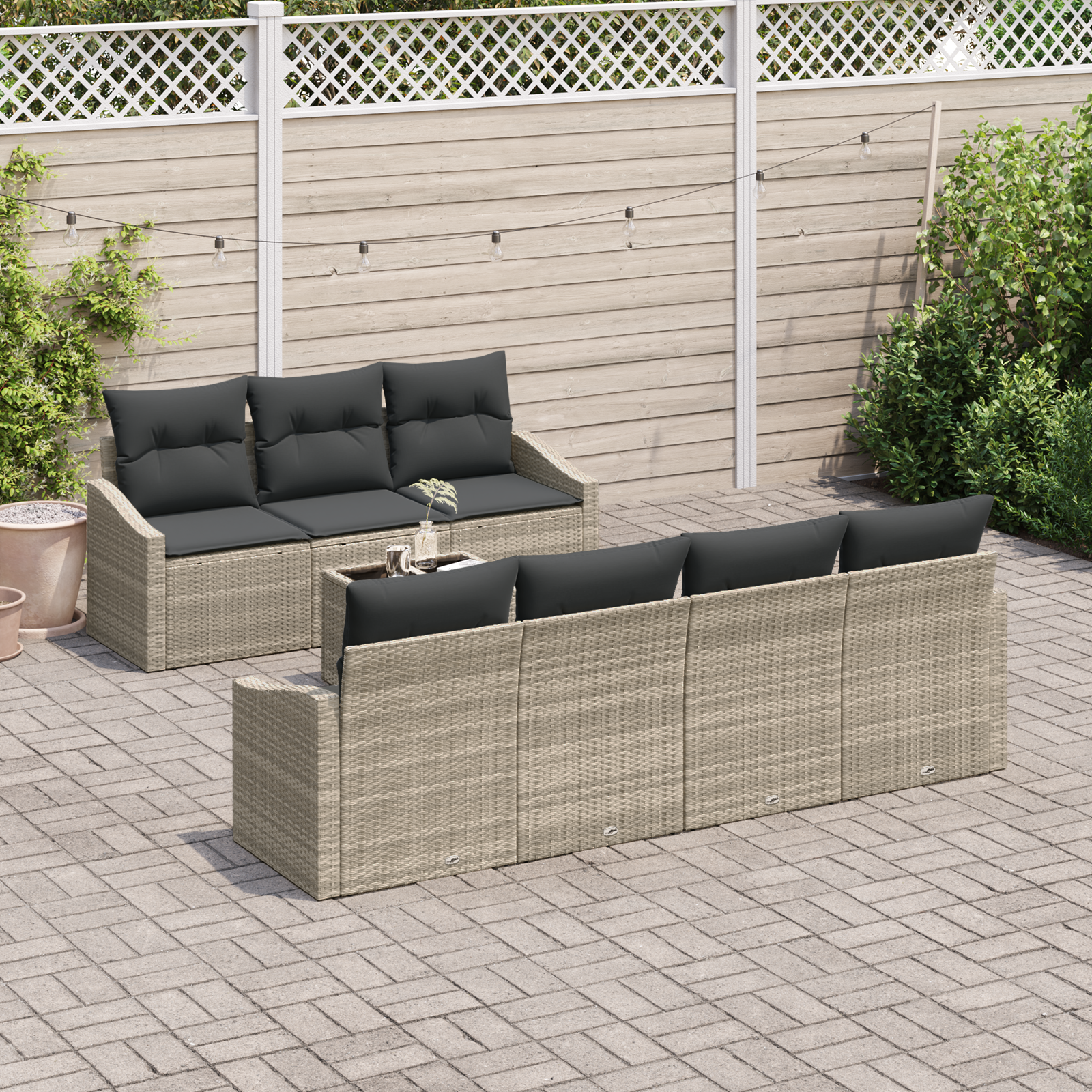 vidaXL 8-delige Tuinbankenset met kussens poly rattan lichtgrijs