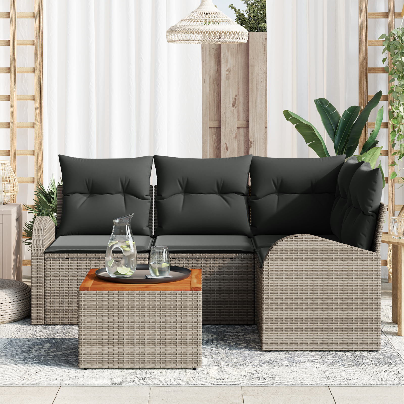 vidaXL 5-delige tuinset met kussens - Grijs Poly Riet Acacia