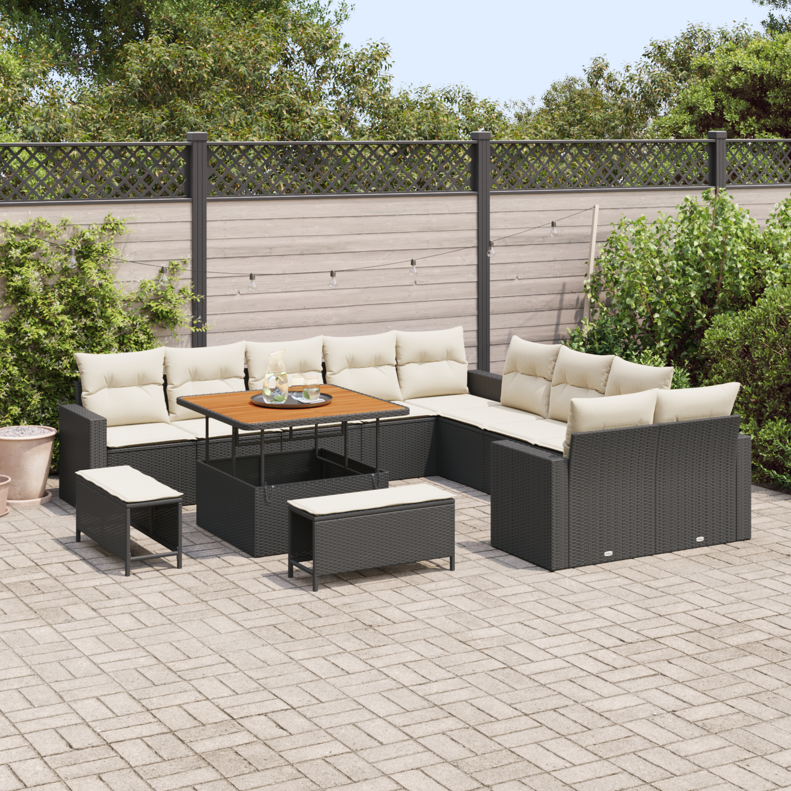 vidaXL 13-delige Tuinset met Kussens Zwart Poly Riet Acacia