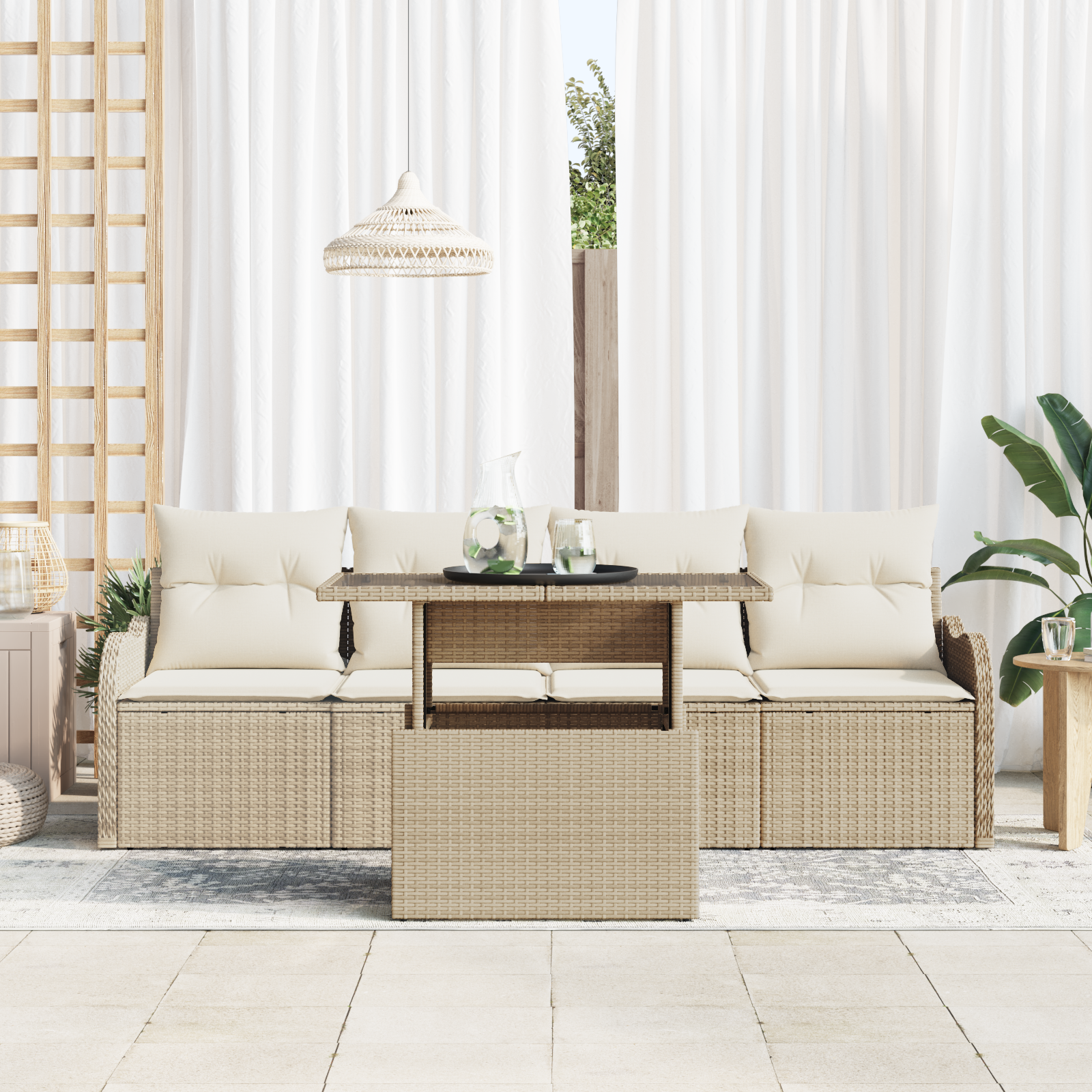 vidaXL 5-delige Tuinbankenset met kussens poly rattan beige