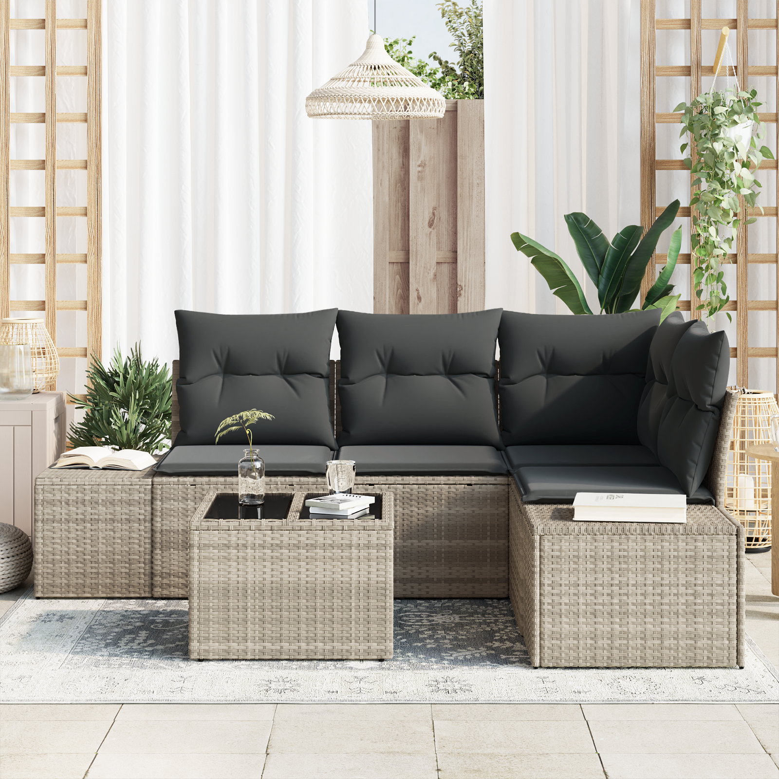 vidaXL 5-delige Tuinbankenset met kussens poly rattan grijs