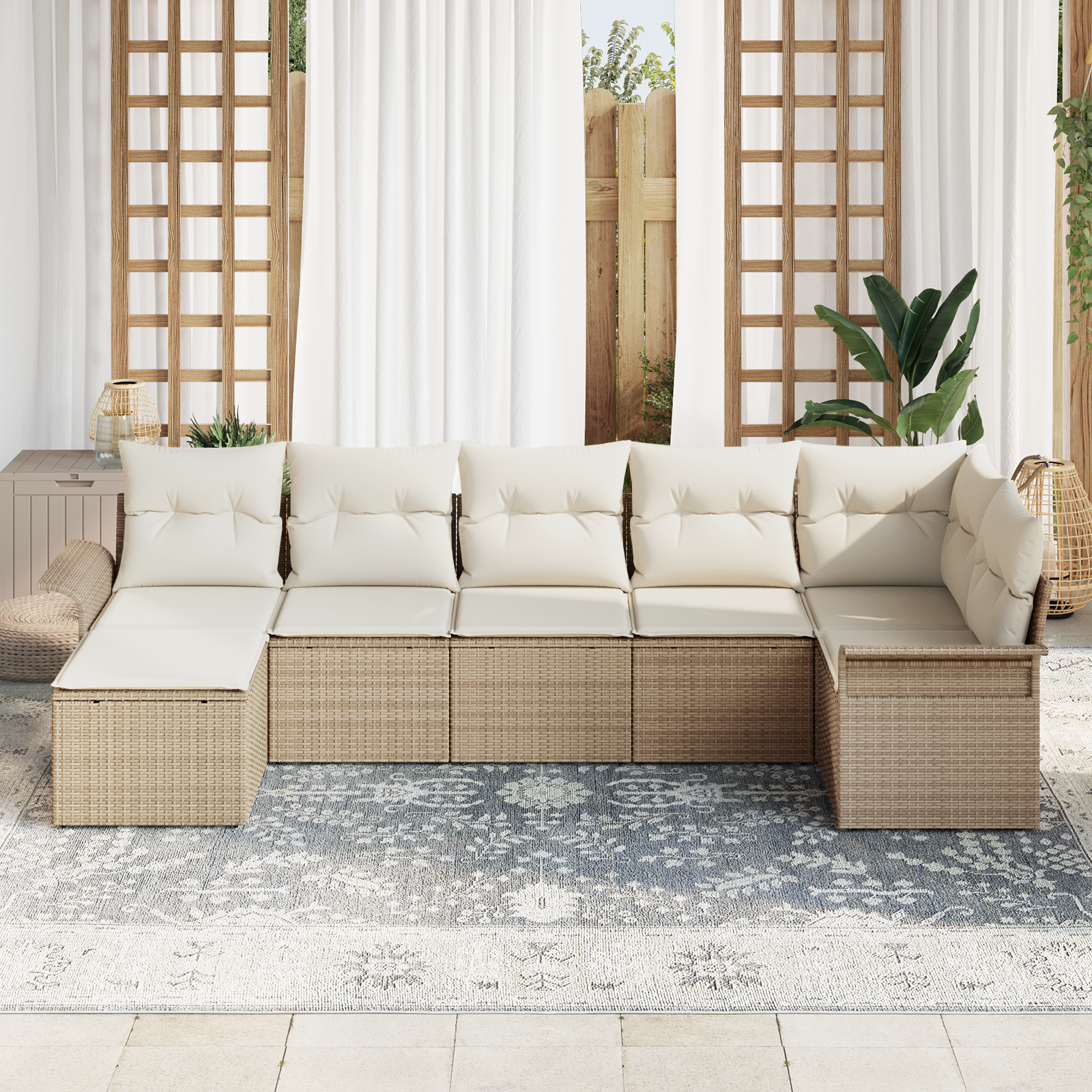 vidaXL 7-delige ligbedset met kussens in beige poly rattan