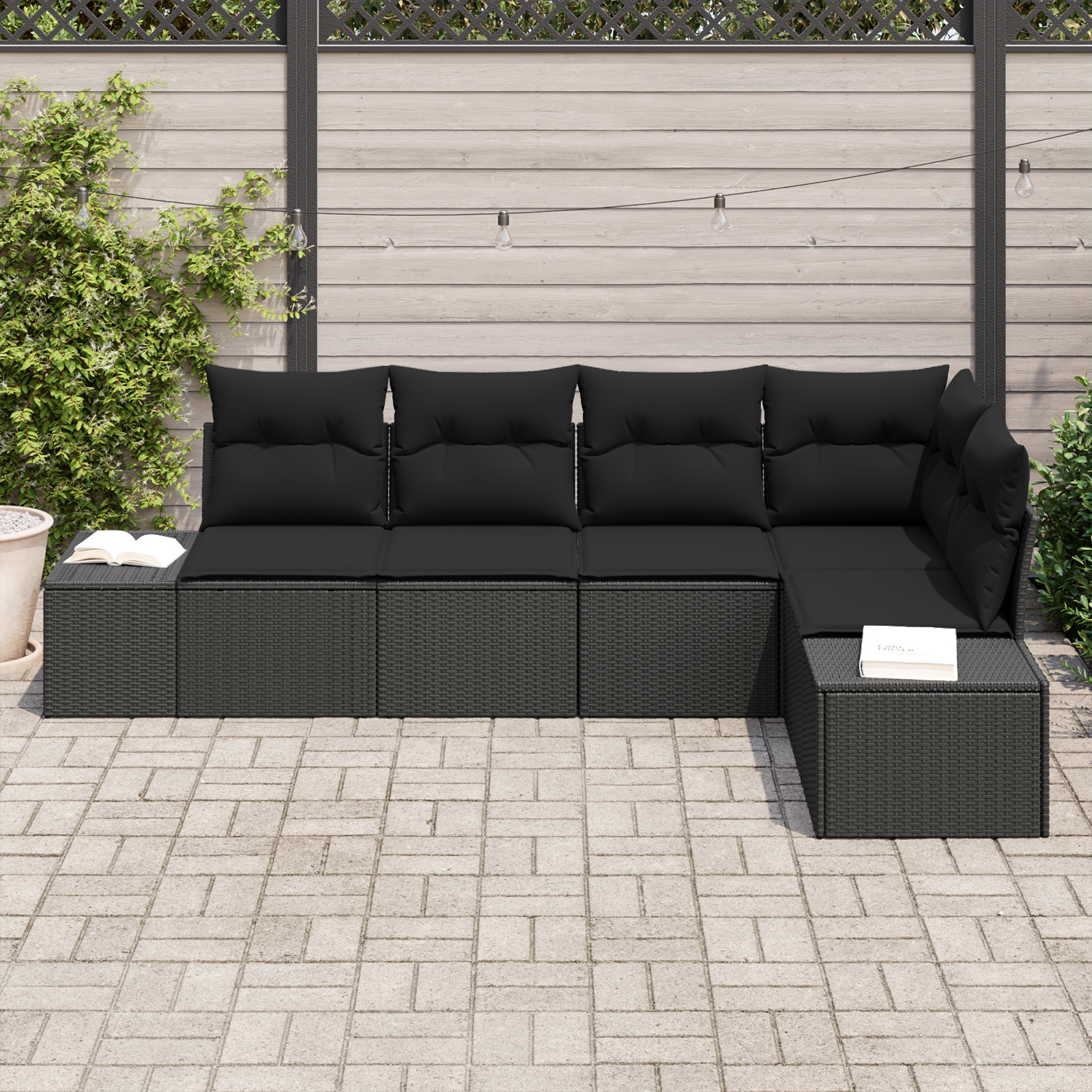 vidaXL 5-delige Tuinbankenset met kussens poly rattan zwart