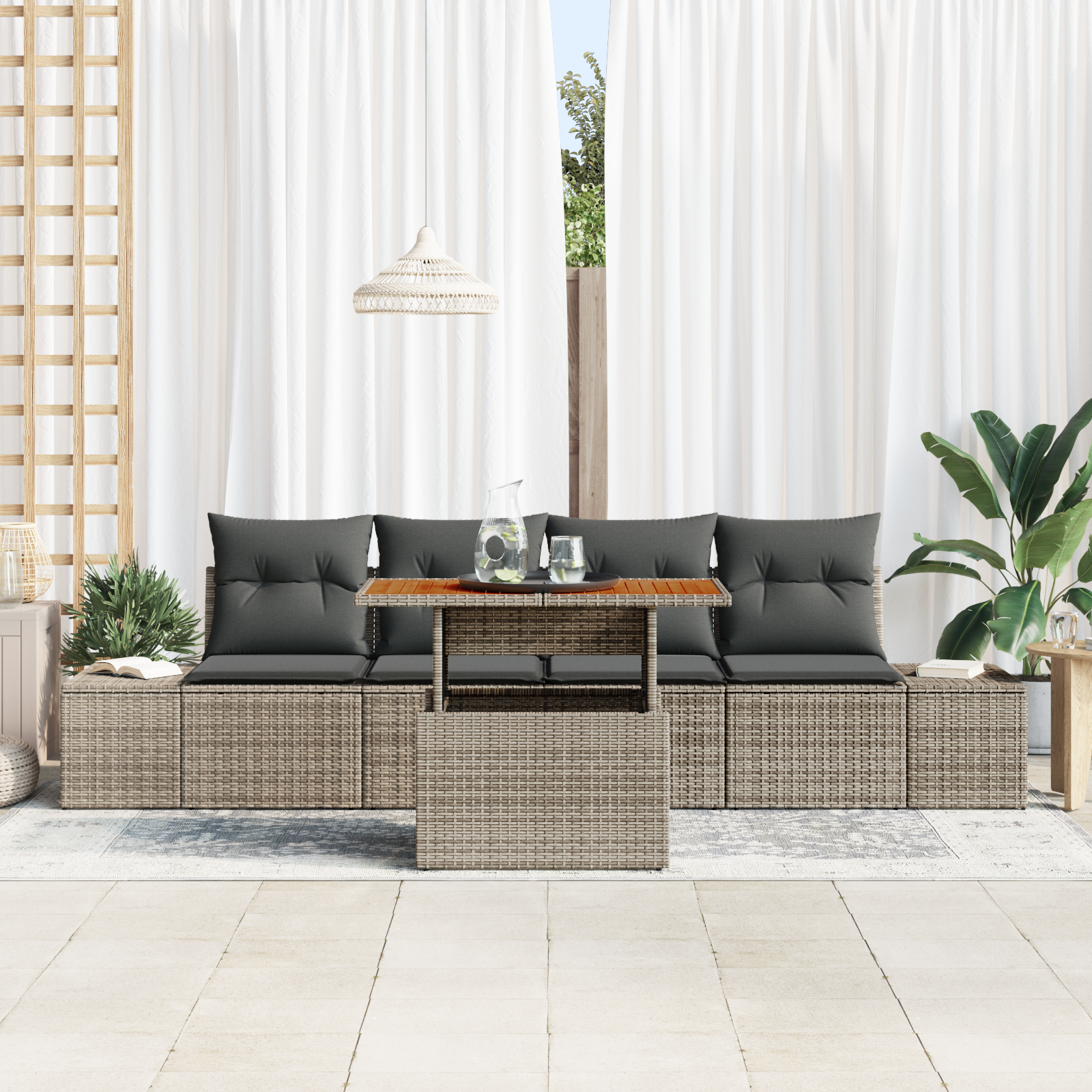 vidaXL 5-delige Tuinset met kussens poly rattan acaciahout grijs