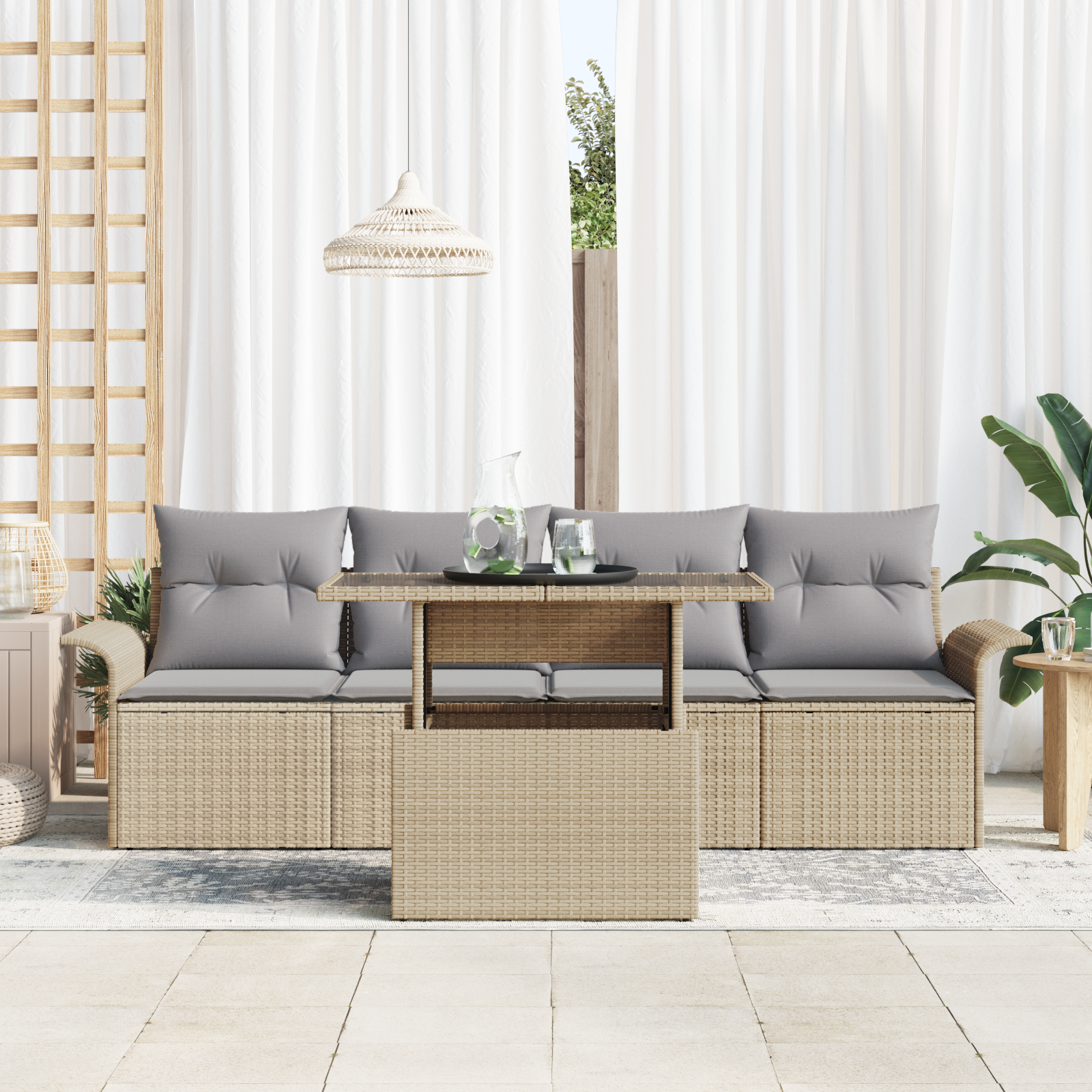vidaXL 5-delige Tuinbankenset met kussens poly rattan beige