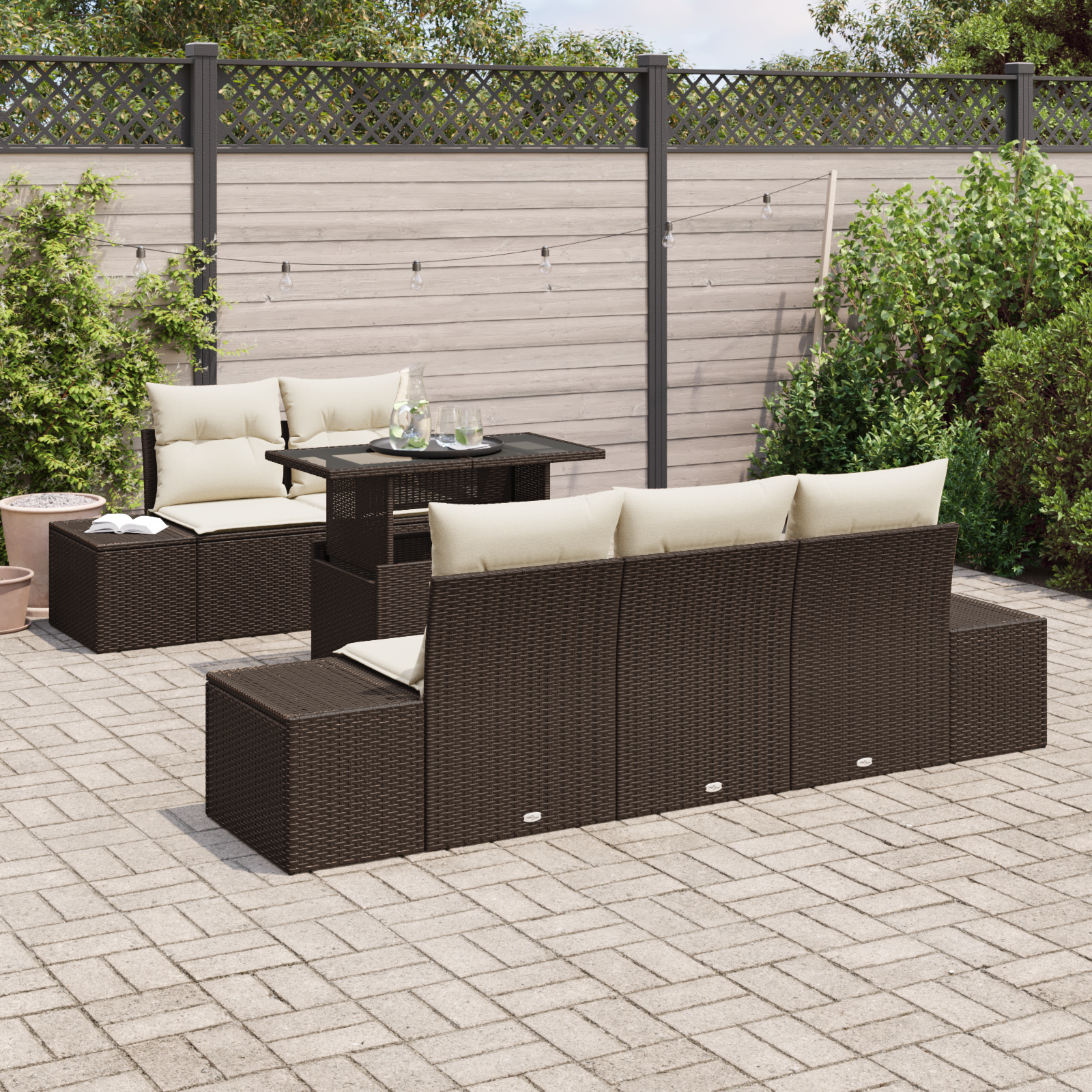 vidaXL 6-delige Tuinbankenset met kussens poly rattan bruin