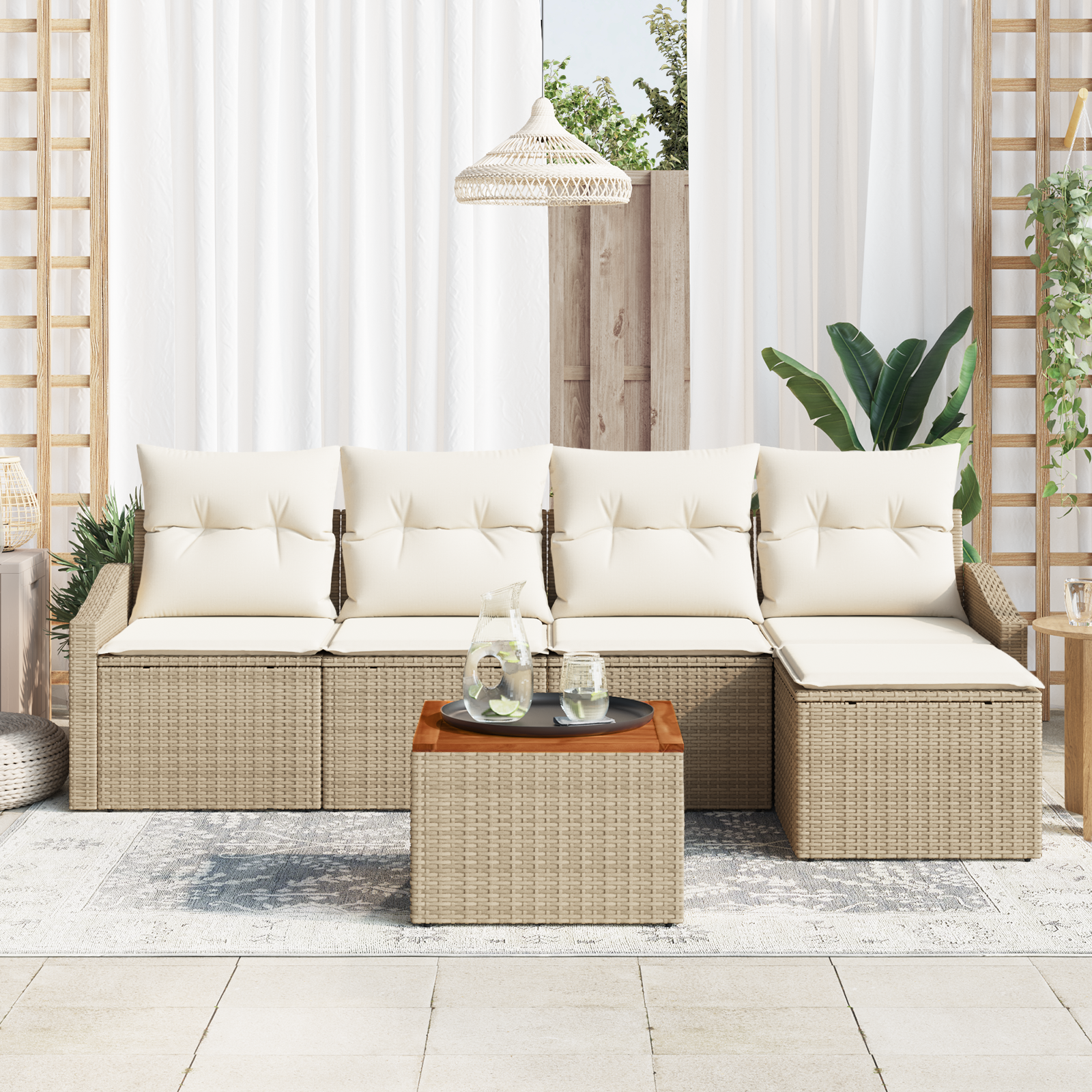 vidaXL 6-delige Tuinbankenset met kussens poly rattan acaciahout beige