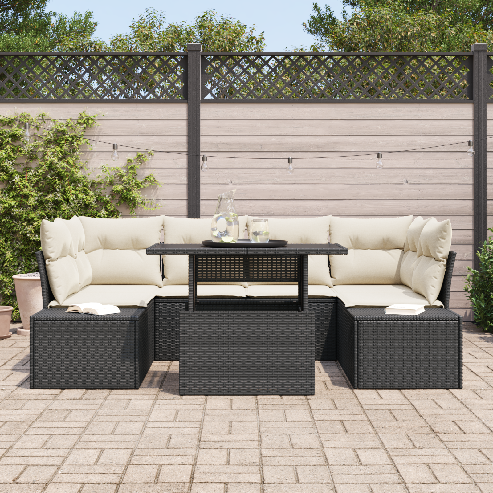 vidaXL 7-delige Tuinbankenset met kussens poly rattan zwart