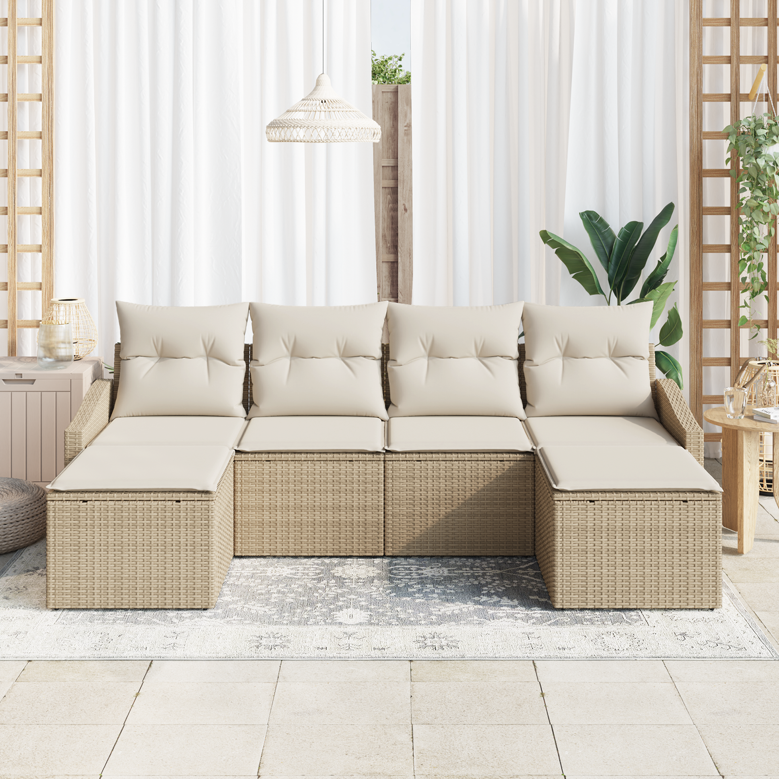 vidaXL 6-delige Tuinbankenset met kussens poly rattan beige