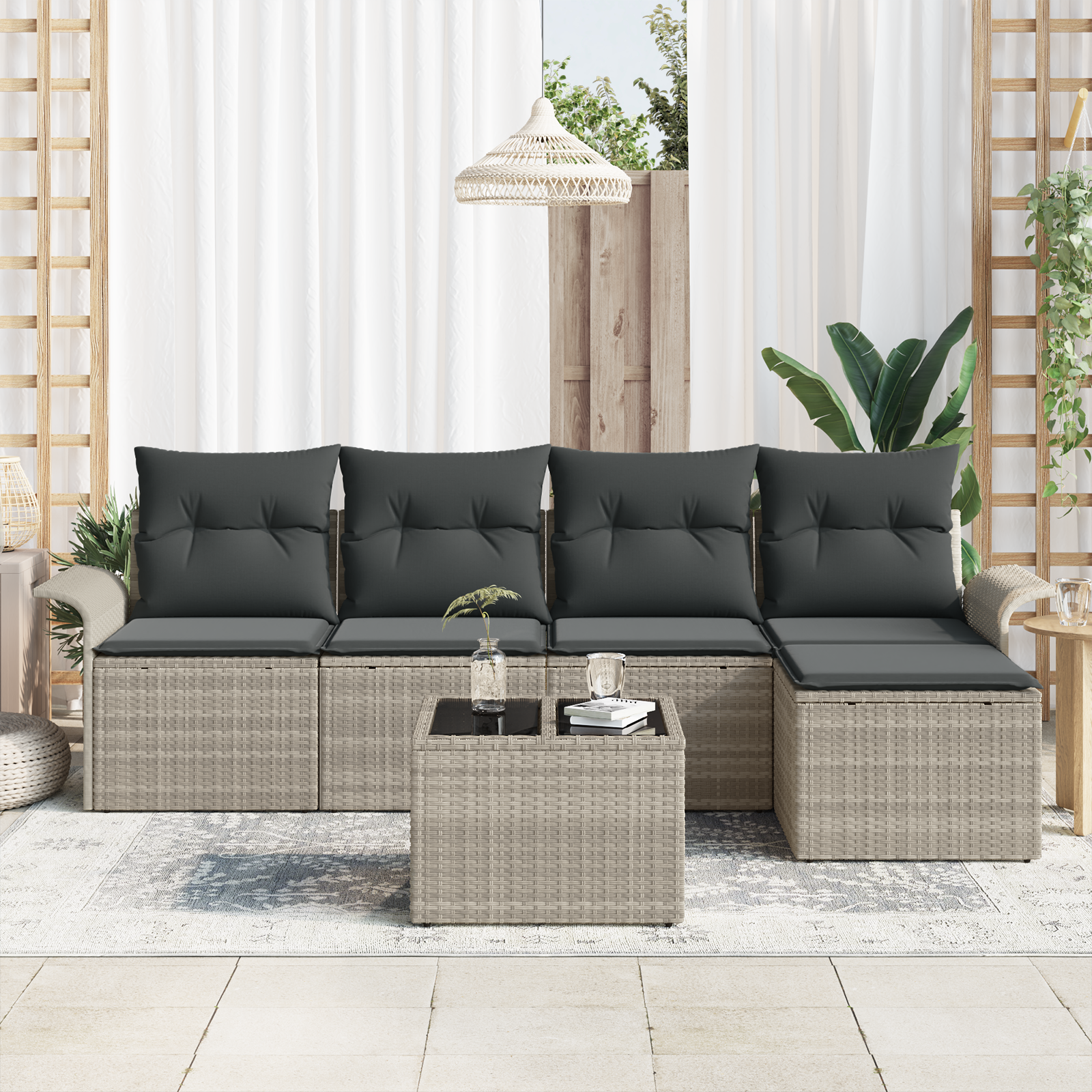 vidaXL 6-delige tuinset met kussens in grijs poly rattan