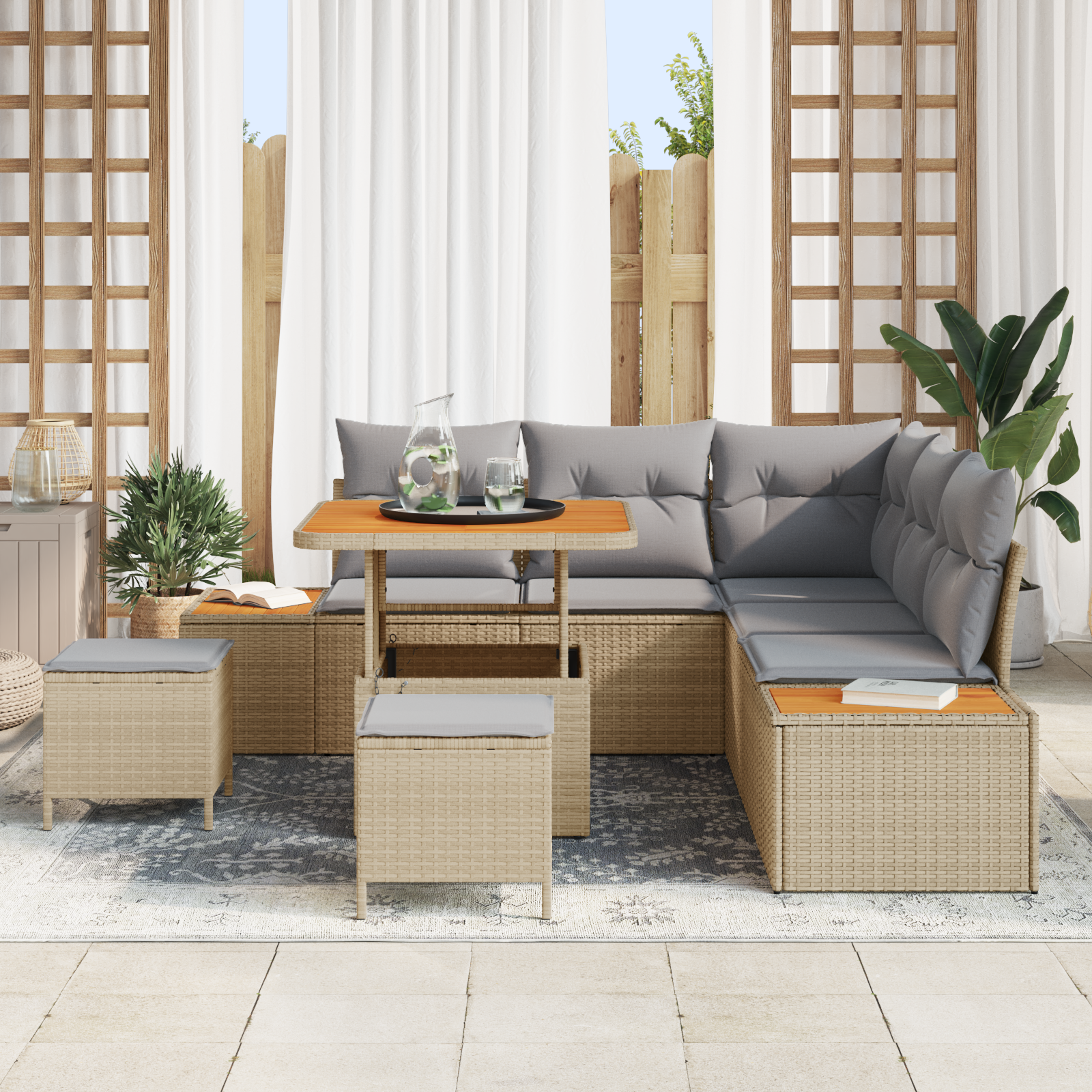 vidaXL 8-delige tuinbank set met kussens in beige poly rattan en acacia