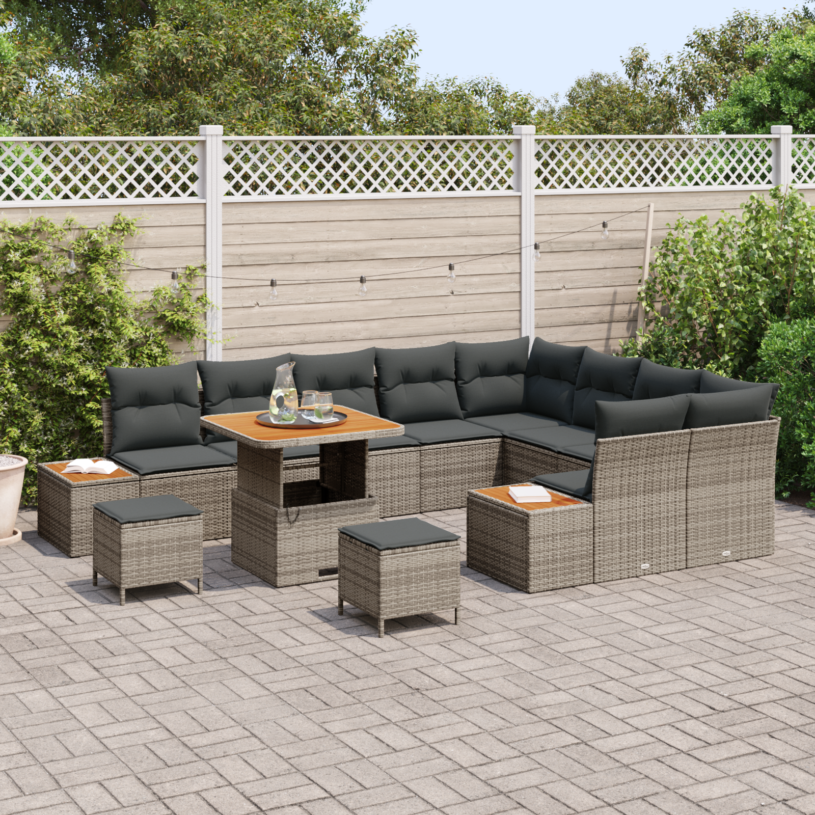 vidaXL 12-delige Tuinbankenset met kussens poly rattan acacia grijs