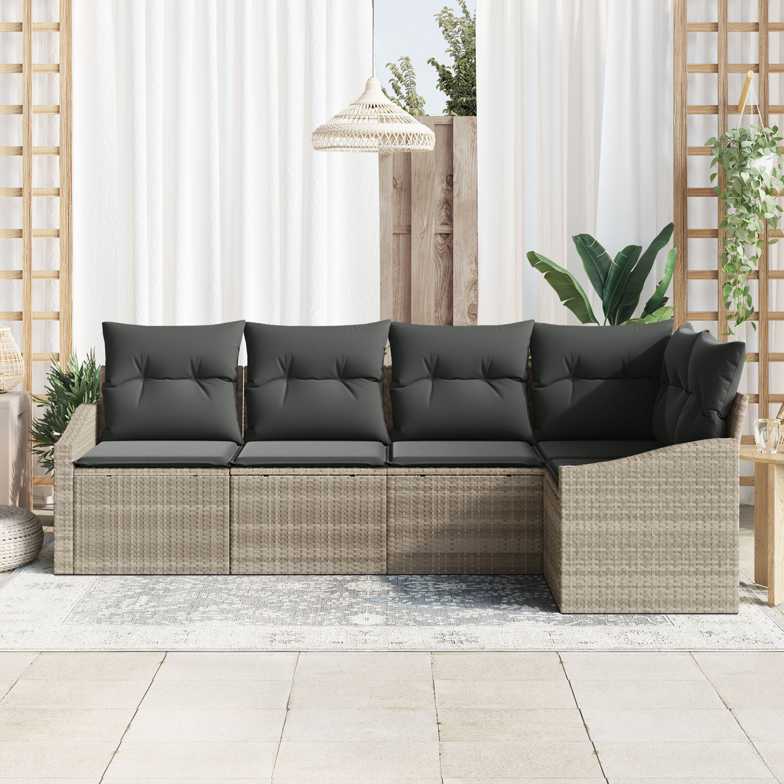 vidaXL 5-delige Tuinset met kussens poly rattan lichtgrijs