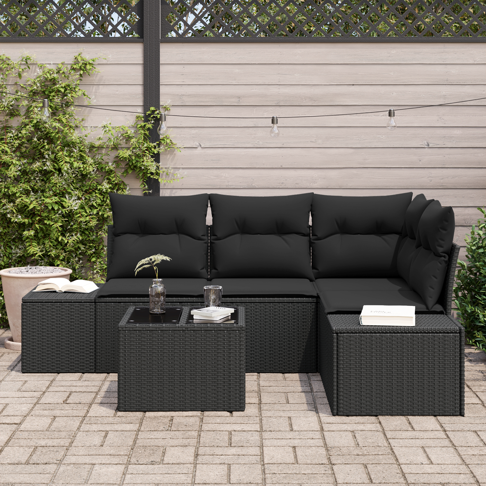 vidaXL 5-delige Tuinbankenset met kussens poly rattan beige