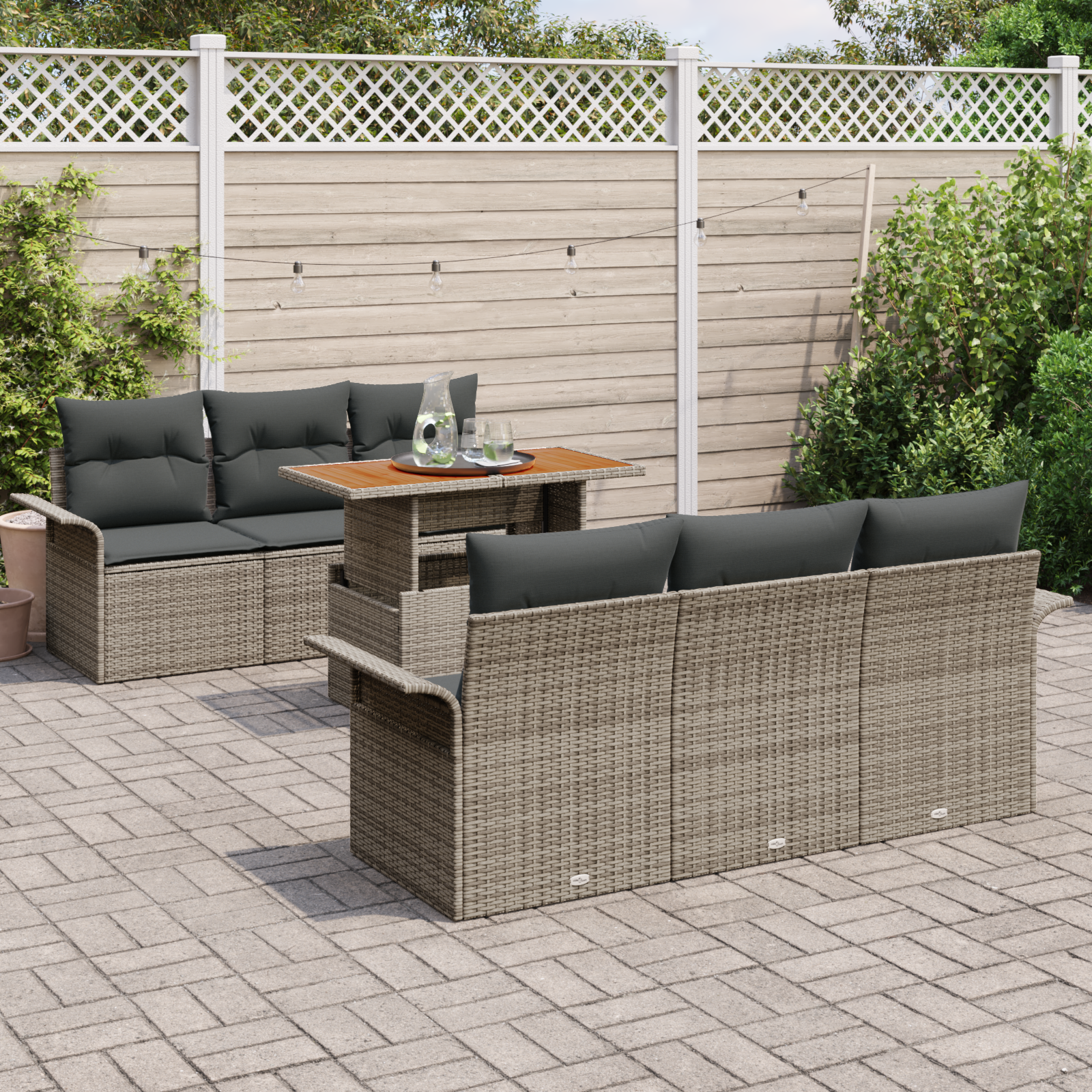 vidaXL 7-delige Tuinbankenset met kussens poly rattan acaciahout grijs